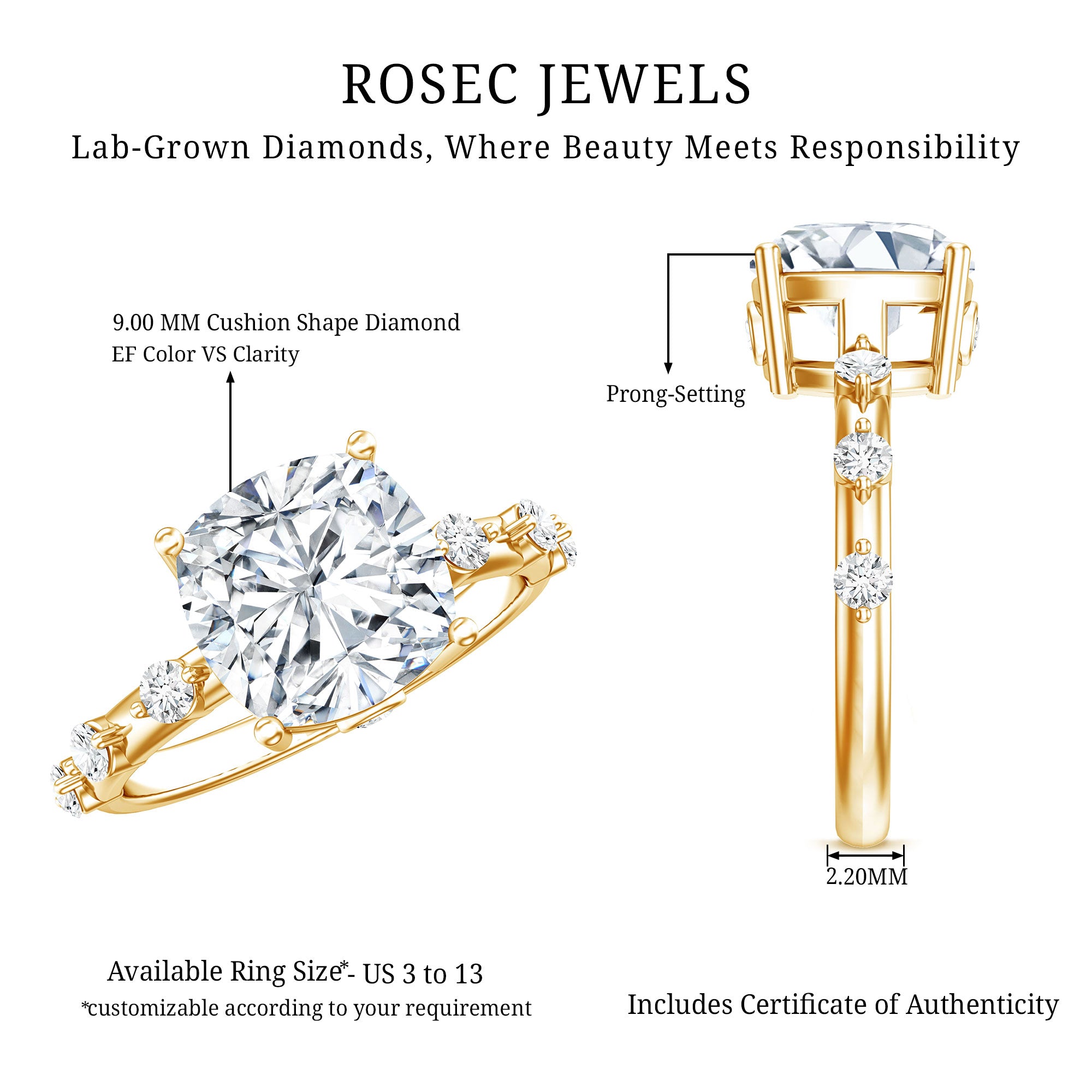 Rosec Jewels-Lab Grown 4 Carat Diamond Cushion Cut Engagement Ring with IGI Certificate