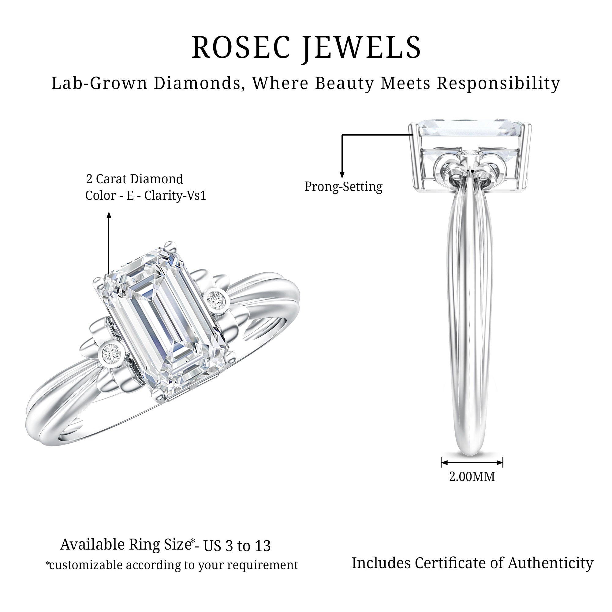 IGI Certified 2 Carat Lab Grown Diamond Emerald Cut Solitaire Engagement Ring with Bow Lab - ( E-VS1 ) - Rosec Jewels