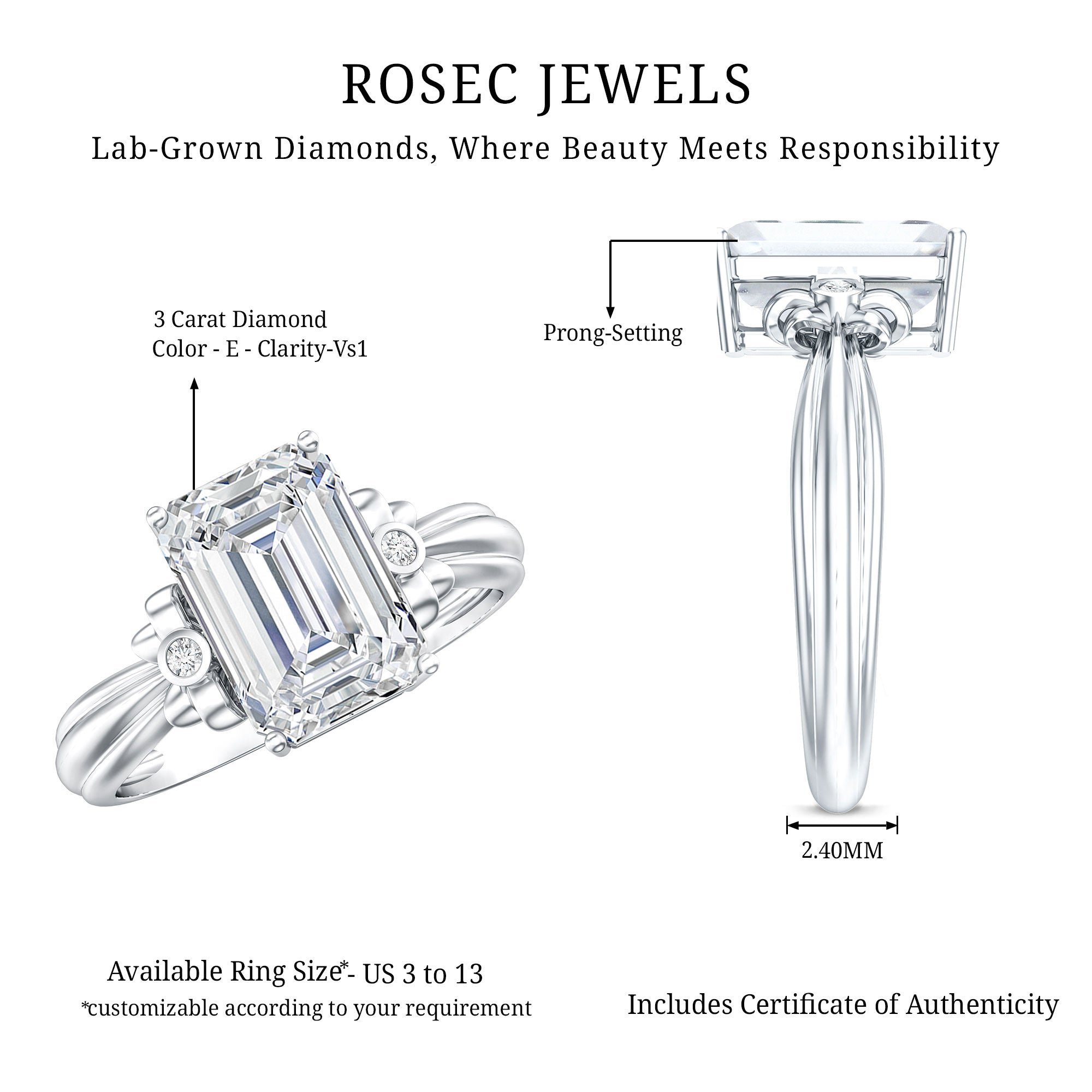 Rosec Jewels-Emerald Cut Lab Grown Diamond 3 Carat Engagement Ring IGI Certified