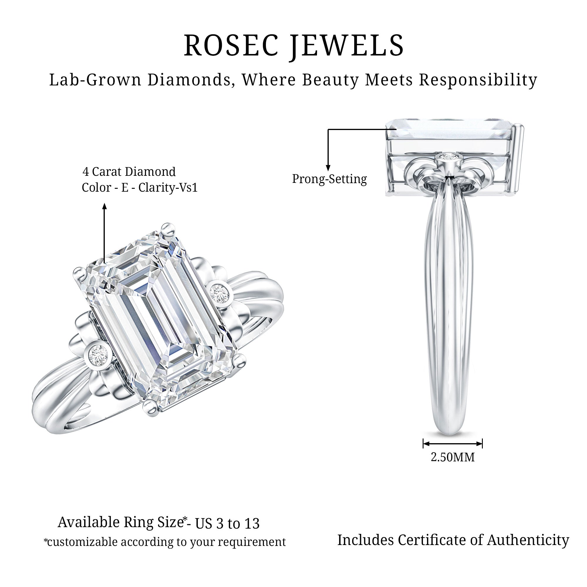 Rosec Jewels-IGI Certified 4 Carat Emerald Cut Lab Grown Diamond Solitaire Engagement Ring with Bow