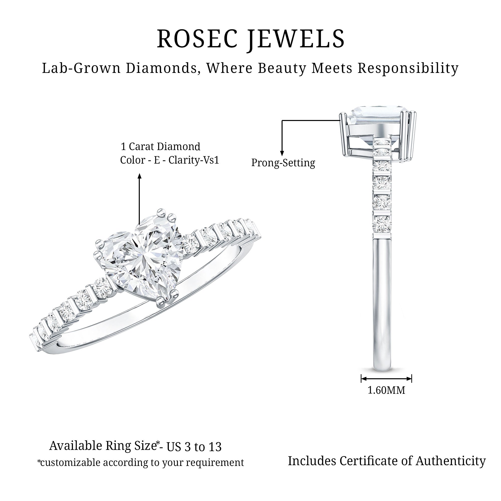 Rosec Jewels-IGI Certified Lab Grown Diamond 1 Carat Heart Engagement Ring for Women