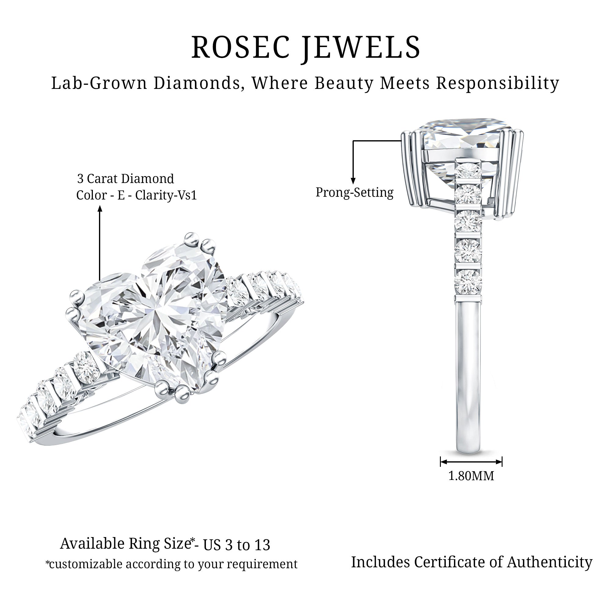 Rosec Jewels-IGI Certified Lab Grown 3 Carat Diamond Heart Engagement Ring with Side Stones