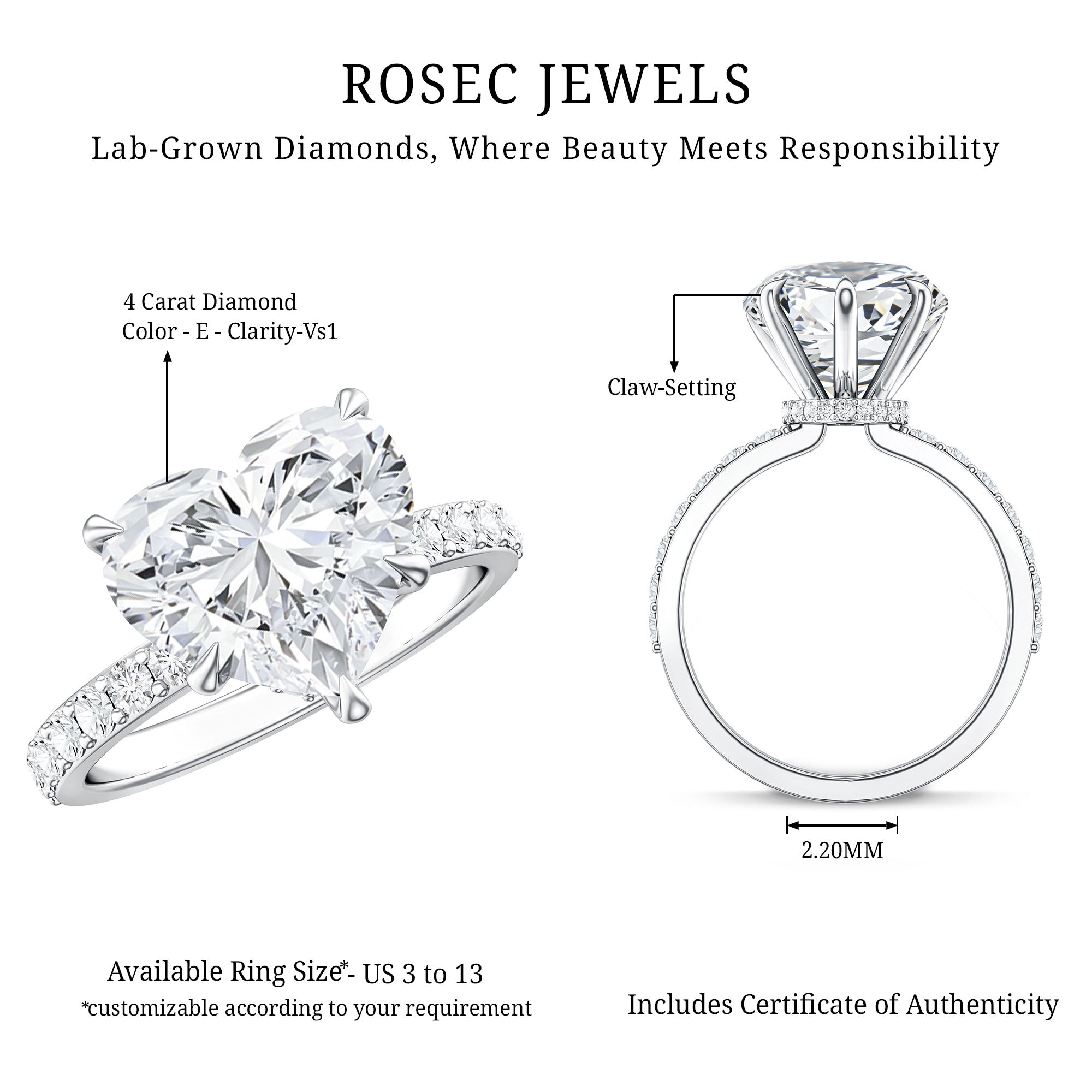 Rosec Jewels-IGI Certified 4 Carat Lab Grown Diamond Heart Engagement Ring for Women