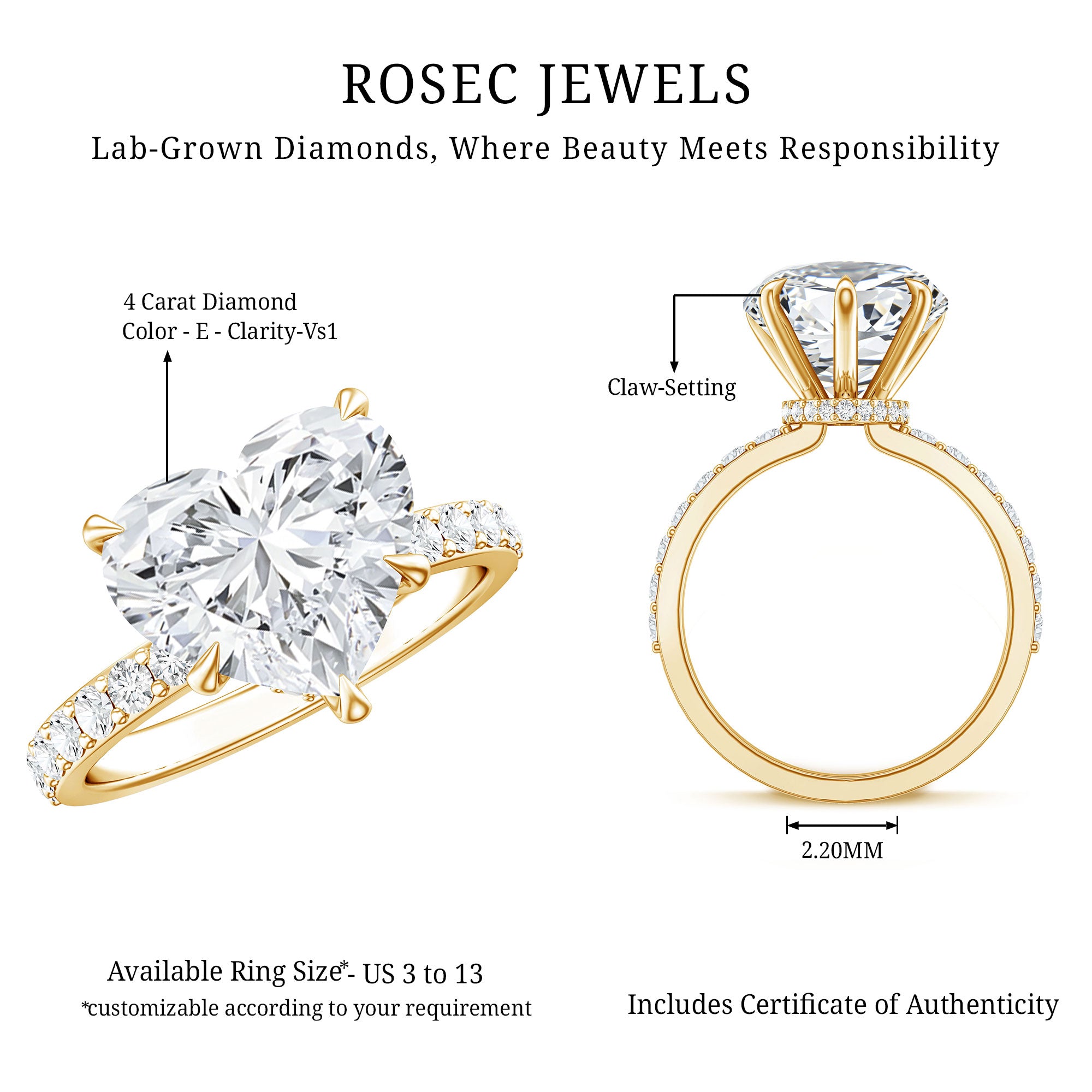 Rosec Jewels-IGI Certified 4 Carat Lab Grown Diamond Heart Engagement Ring for Women