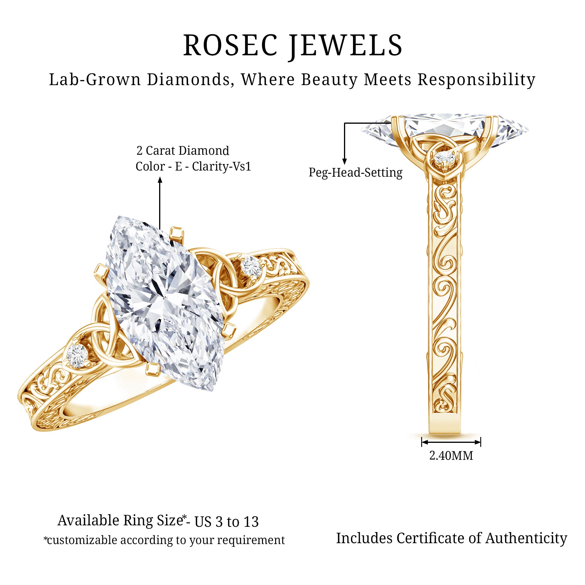 Rosec Jewels-IGI Certified Vintage Inspired Lab Grown Marquise Diamond Celtic Engagement Ring 2 Carat