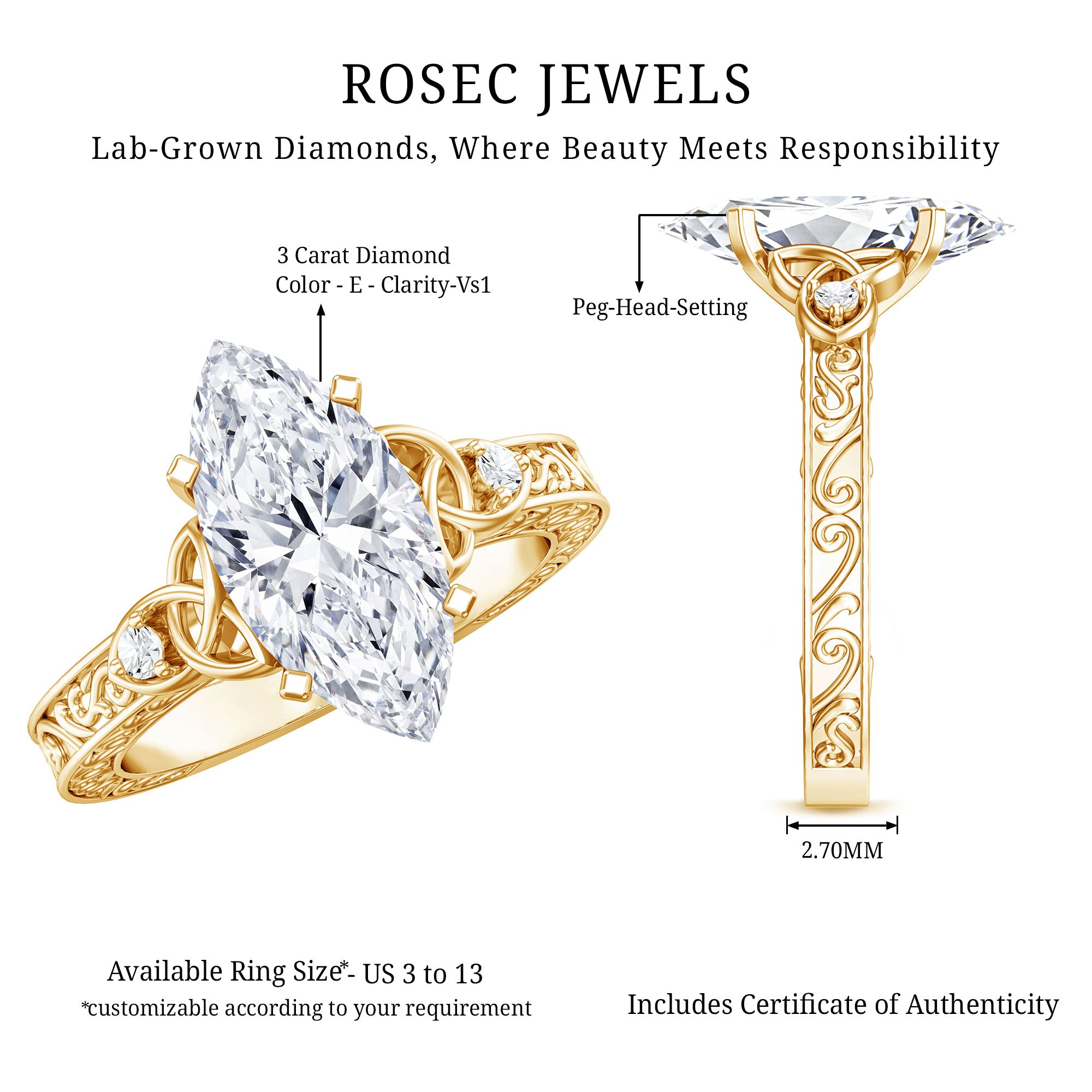 Rosec Jewels-Antique Looking 3 Carat Marquise Lab Diamond Celtic Knot Engagement Ring IGI Certified