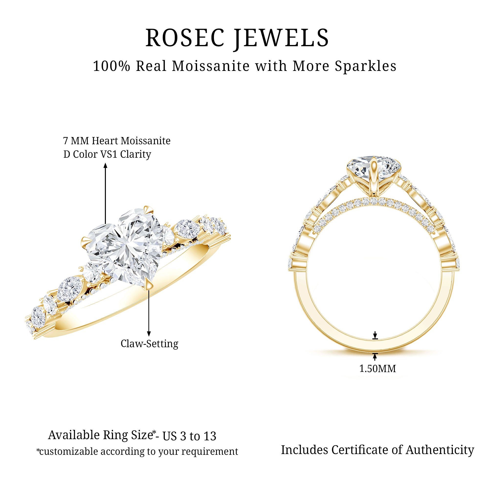 1 Carat Lab Grown Heart Shaped Diamond Designer Engagement Ring IGI Certified Lab - ( E-VS1 ) - Rosec Jewels