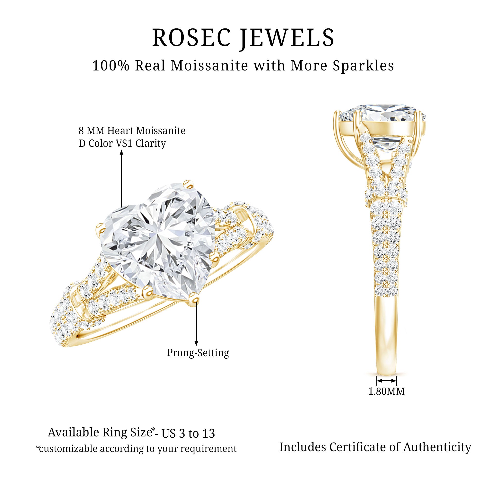 Rosec Jewels-2 Carat Heart Lab Grown Diamond Split Shank Engagement Ring with IGI Certificate