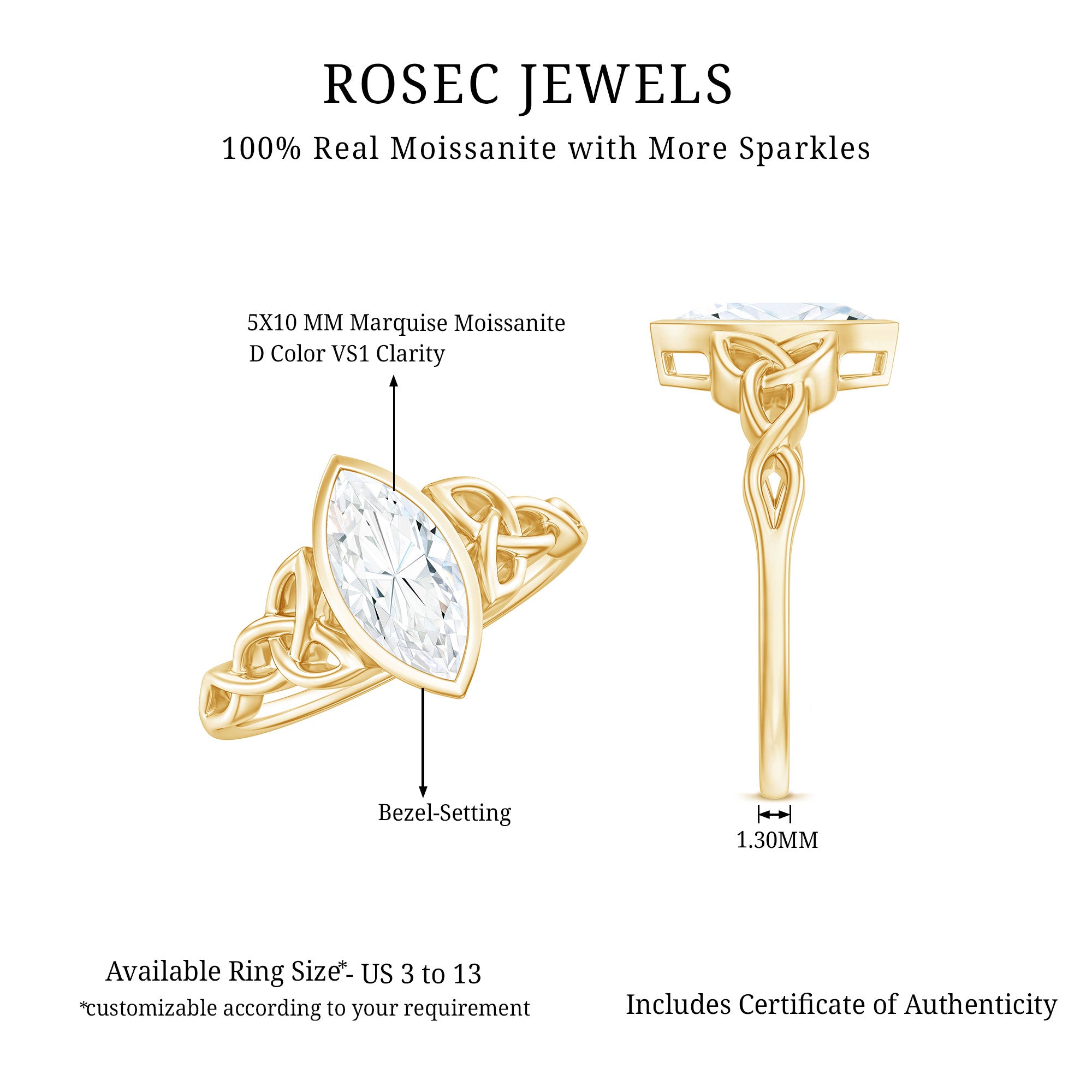 Rosec Jewels-Bezel Set 1 Carat Marquise Lab Created Diamond Celtic Engagement Ring IGI Certified