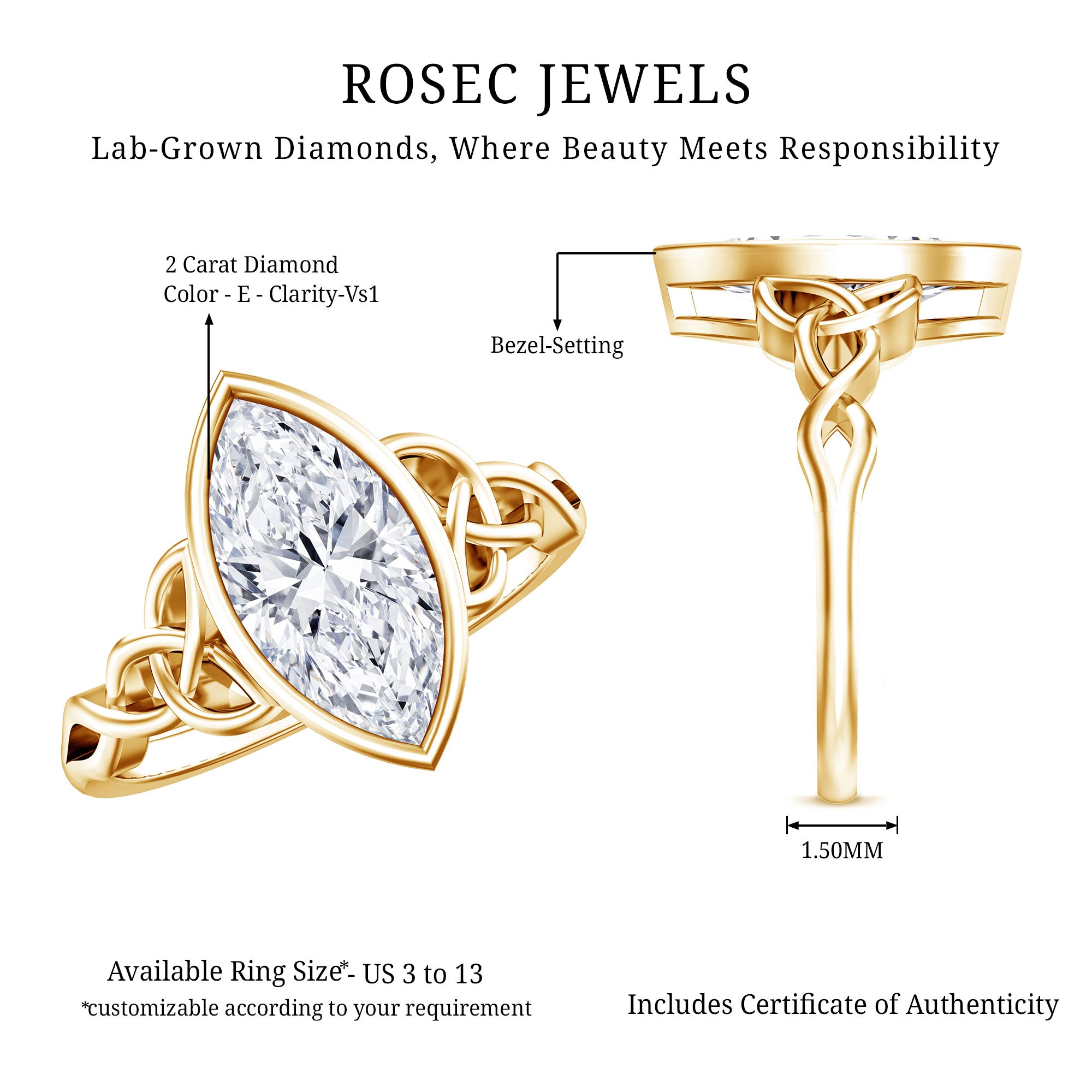 Rosec Jewels-Solitaire Marquise Cut 2 Carat Lab Grown Diamond Celtic Engagement Ring IGI Certified