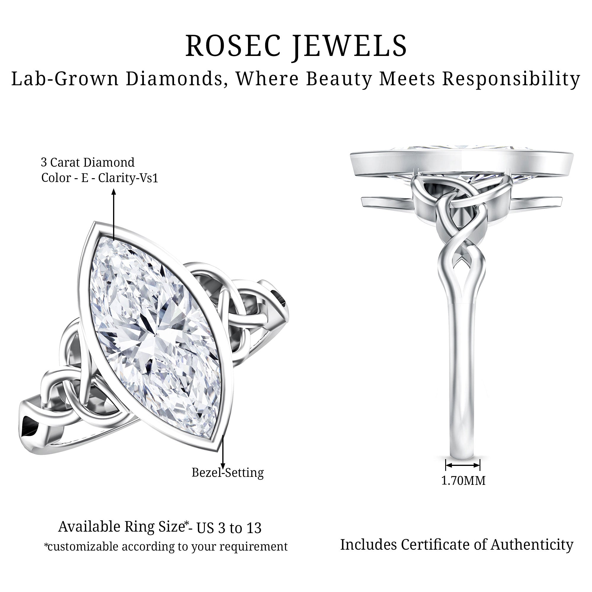 Rosec Jewels-Bezel Set Marquise Lab Created Diamond Celtic Engagement Ring 3 Carat IGI Certified