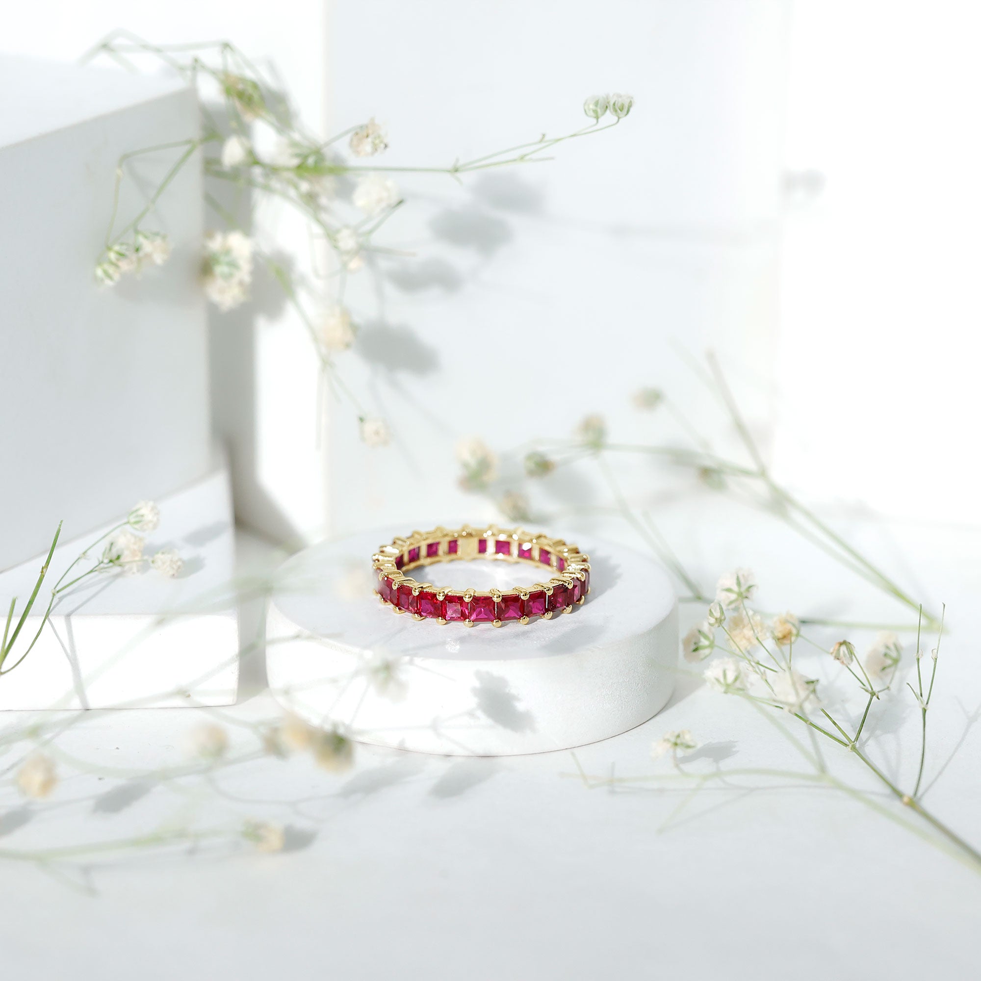 Rosec Jewels-Princess Cut Lab Grown Ruby Eternity Wedding Band for Women