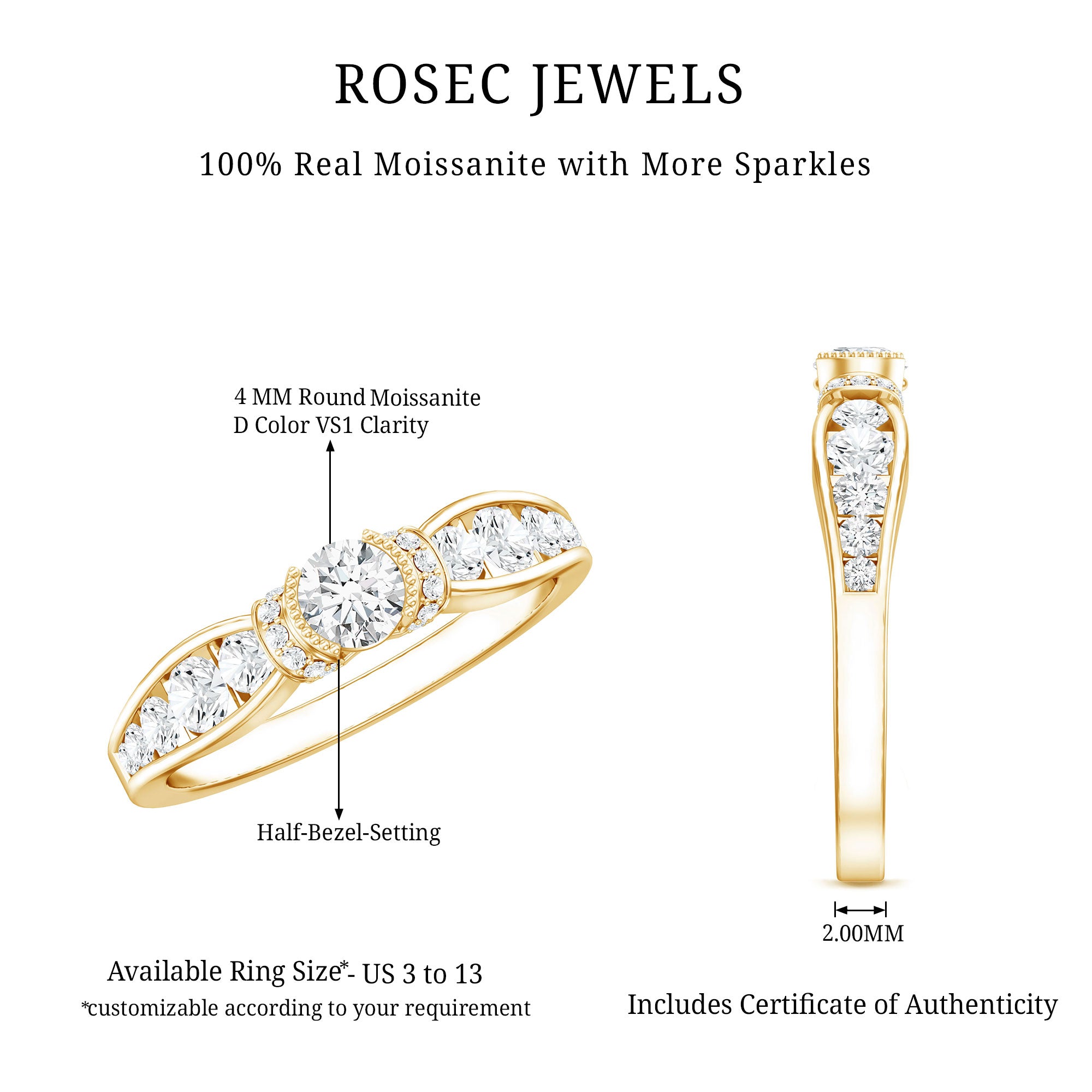 Vintage Style Moissanite Engagement Ring for Women D-VS1 - Rosec Jewels