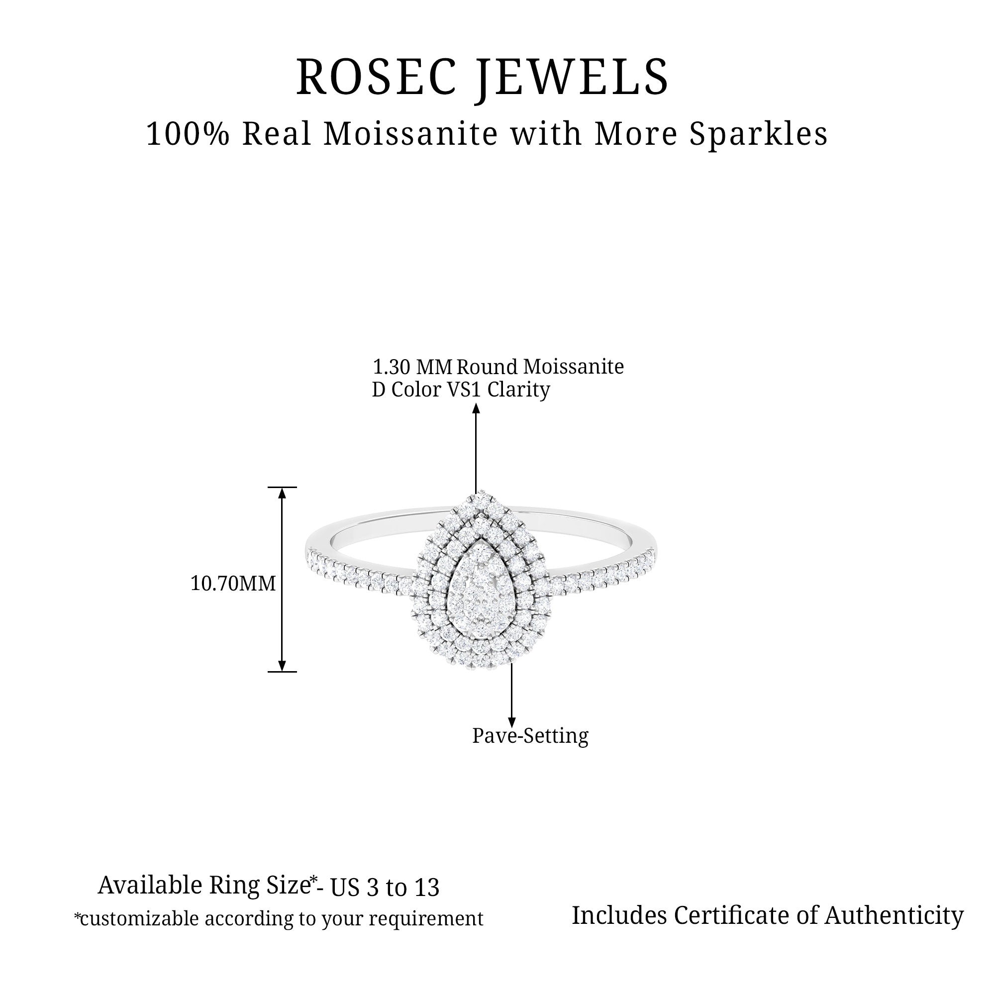 Moissanite Teardrop Engagement Ring with Double Halo Moissanite - ( D-VS1 ) - Color and Clarity - Rosec Jewels