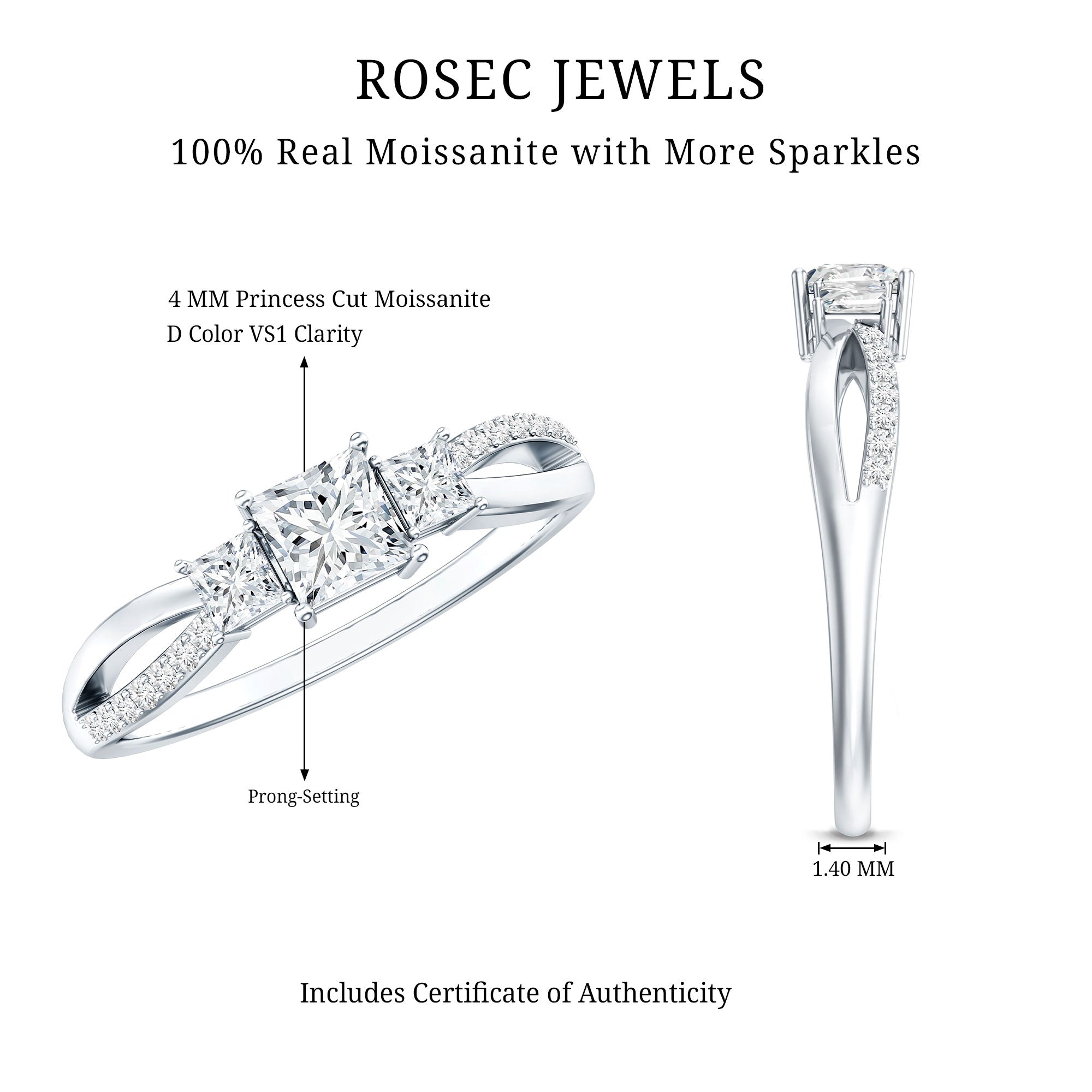 Princess Cut Moissanite Three Stone Engagement Ring D-VS1 - Rosec Jewels