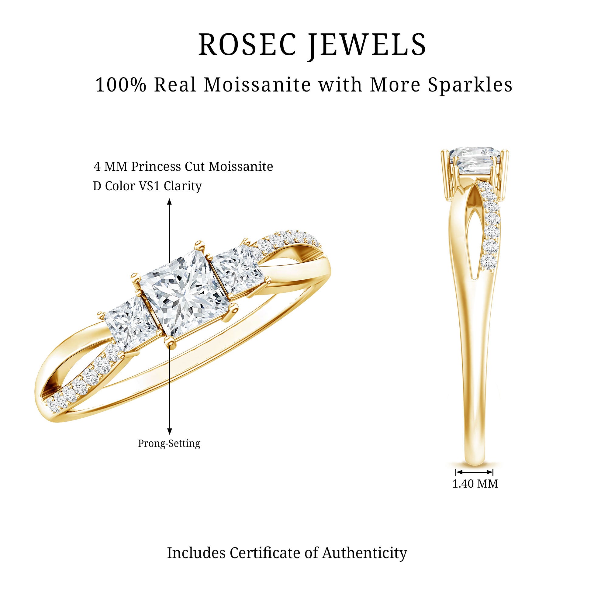 Princess Cut Moissanite Three Stone Engagement Ring D-VS1 - Rosec Jewels