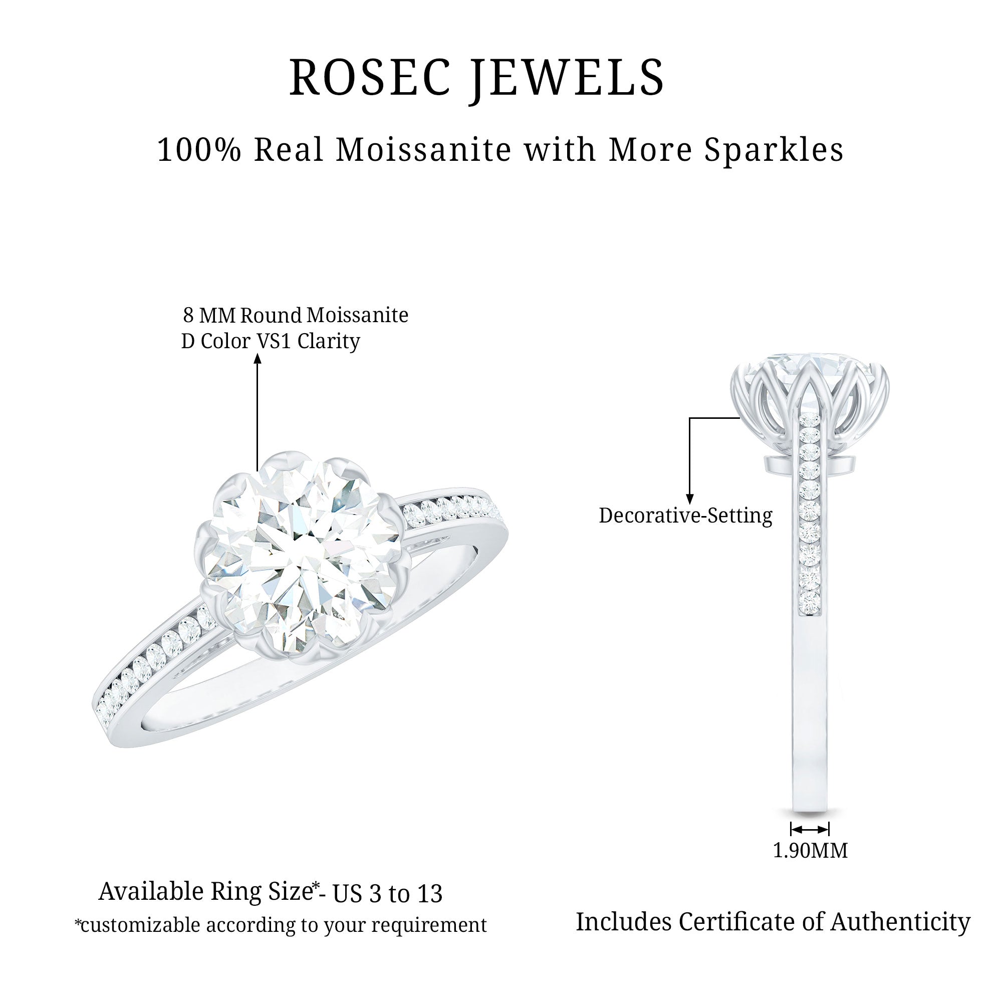 Round Moissanite Lotus Engagement Ring with Side Stones D-VS1 - Rosec Jewels