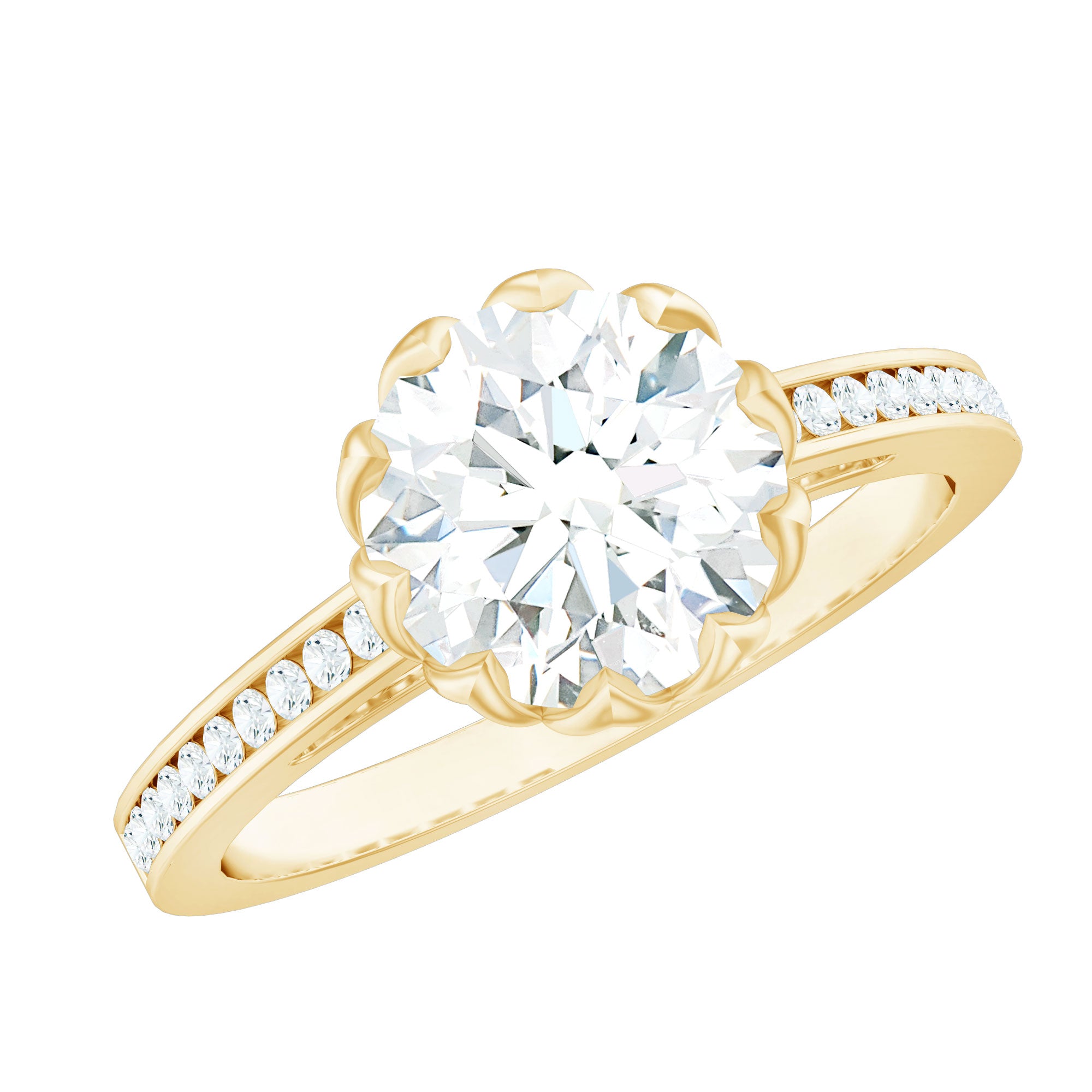 Round Moissanite Lotus Engagement Ring with Side Stones D-VS1 - Rosec Jewels