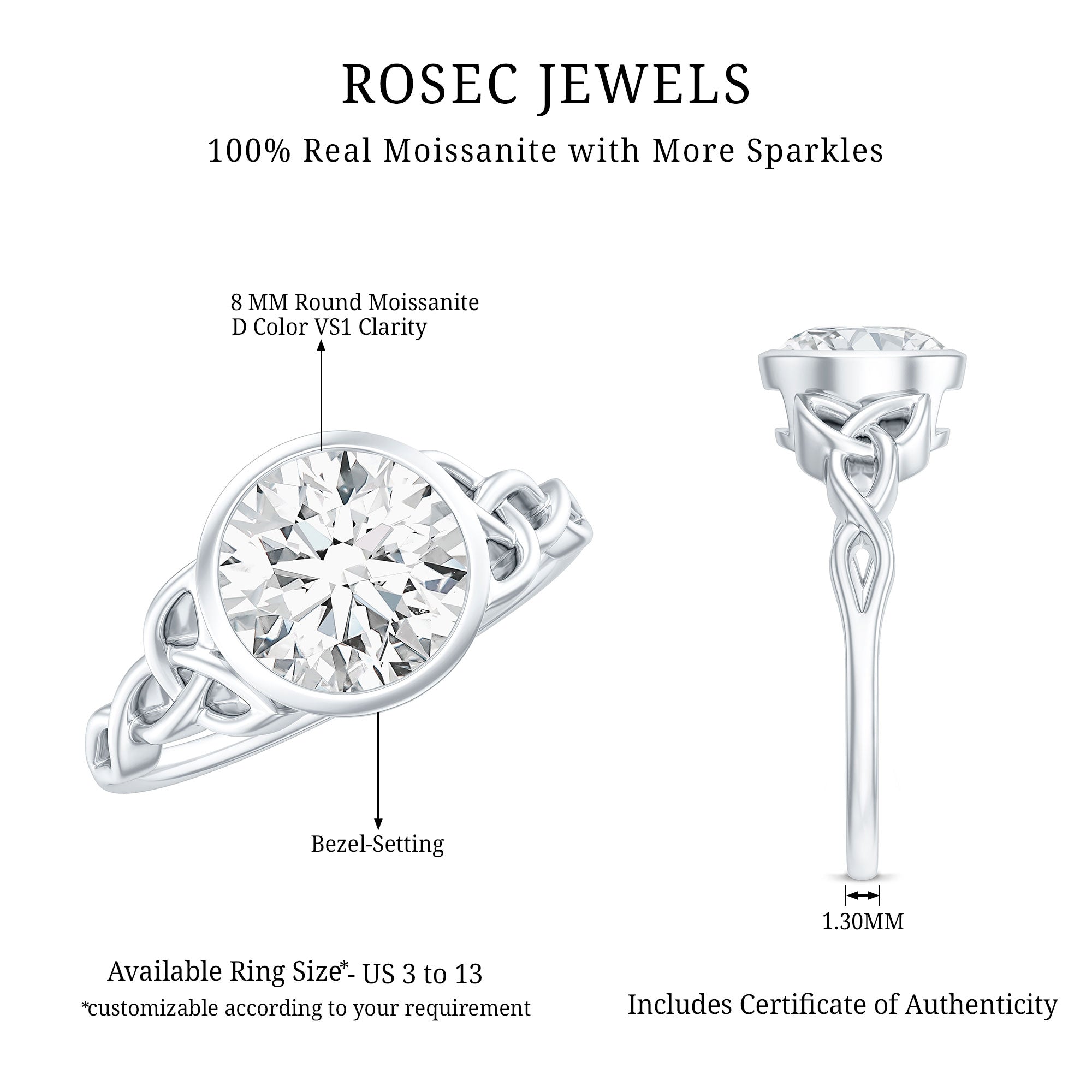 Solitaire Moissanite Celtic Knot Engagement Ring in Bezel Setting D-VS1 - Rosec Jewels