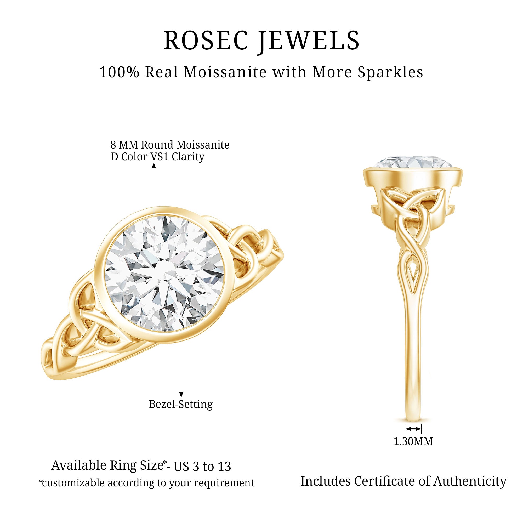 Solitaire Moissanite Celtic Knot Engagement Ring in Bezel Setting D-VS1 - Rosec Jewels