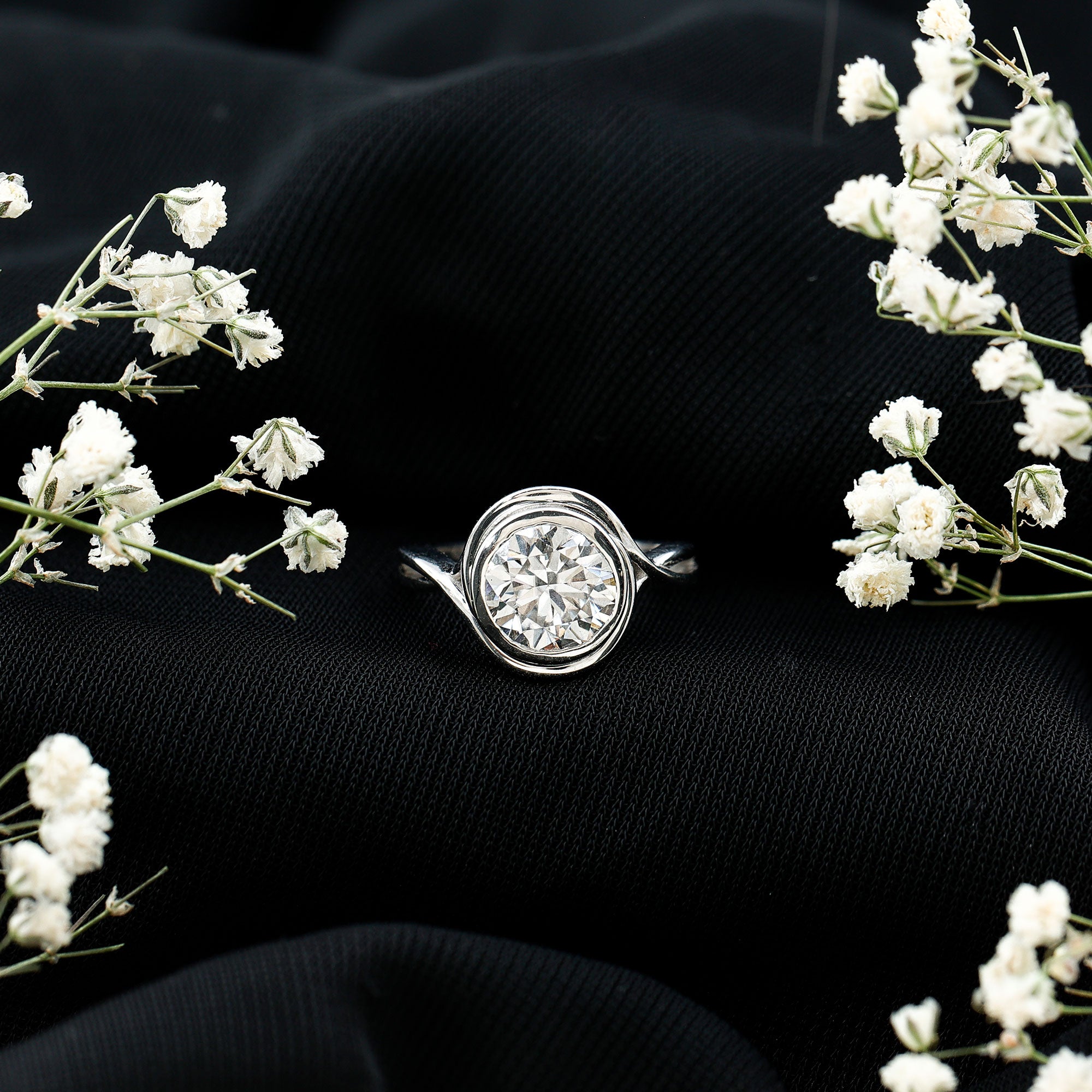 Rosec Jewels-Certified Moissanite Bezel Set Engagement Ring with Crossover Shank