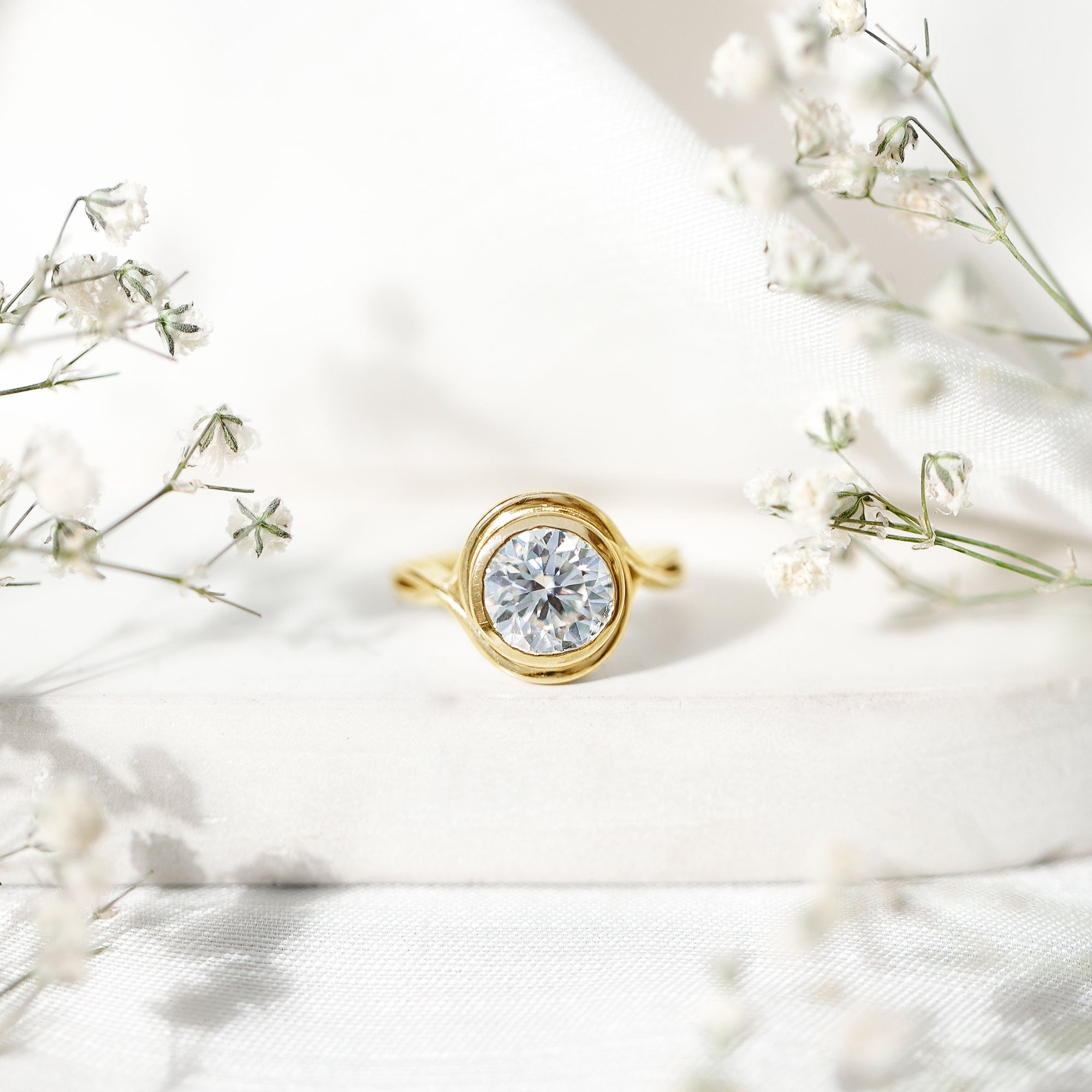 Rosec Jewels-Certified Moissanite Bezel Set Engagement Ring with Crossover Shank