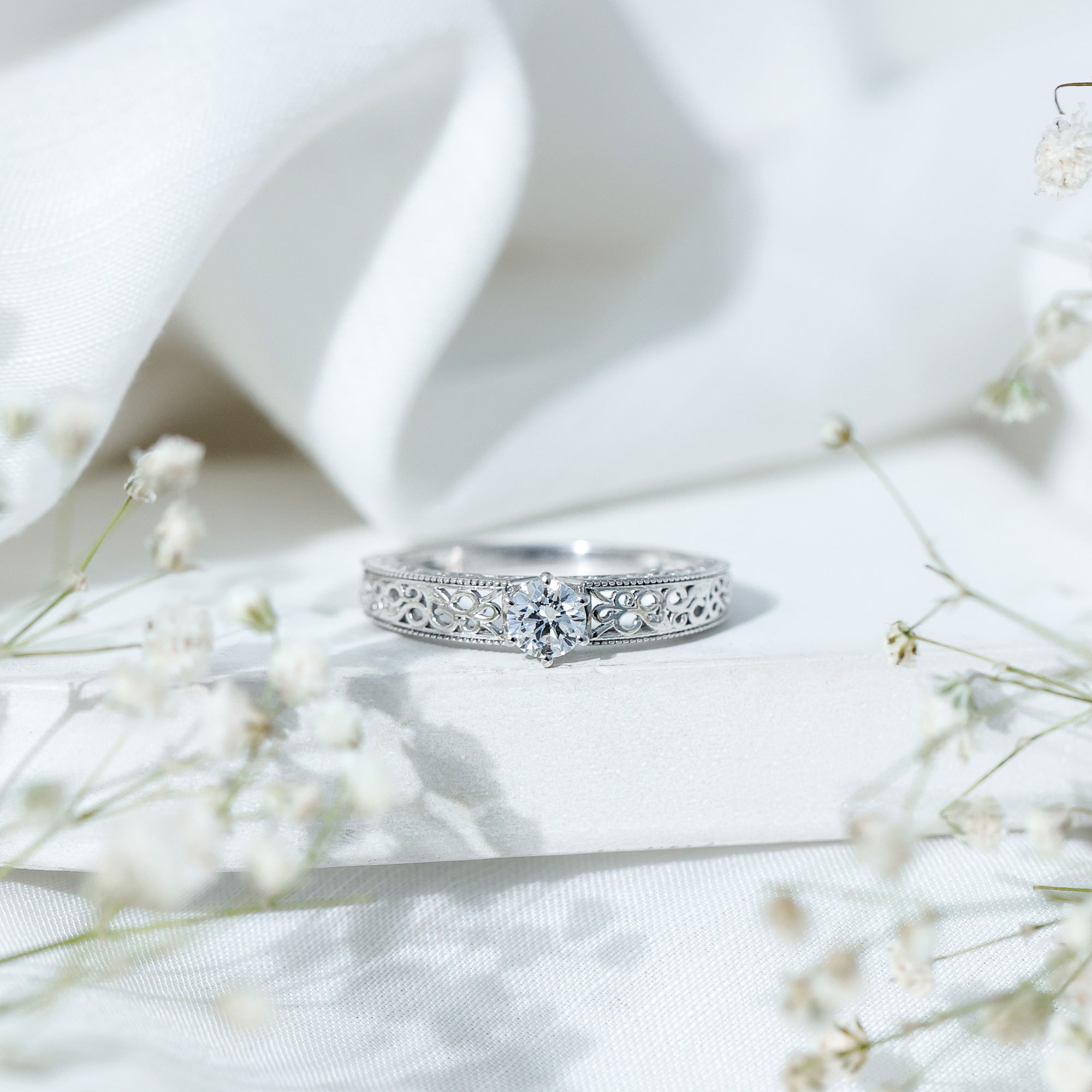 Cubic Zirconia Solitaire Vintage Inspired Filigree Ring in Claw Setting AAAA - Rosec Jewels
