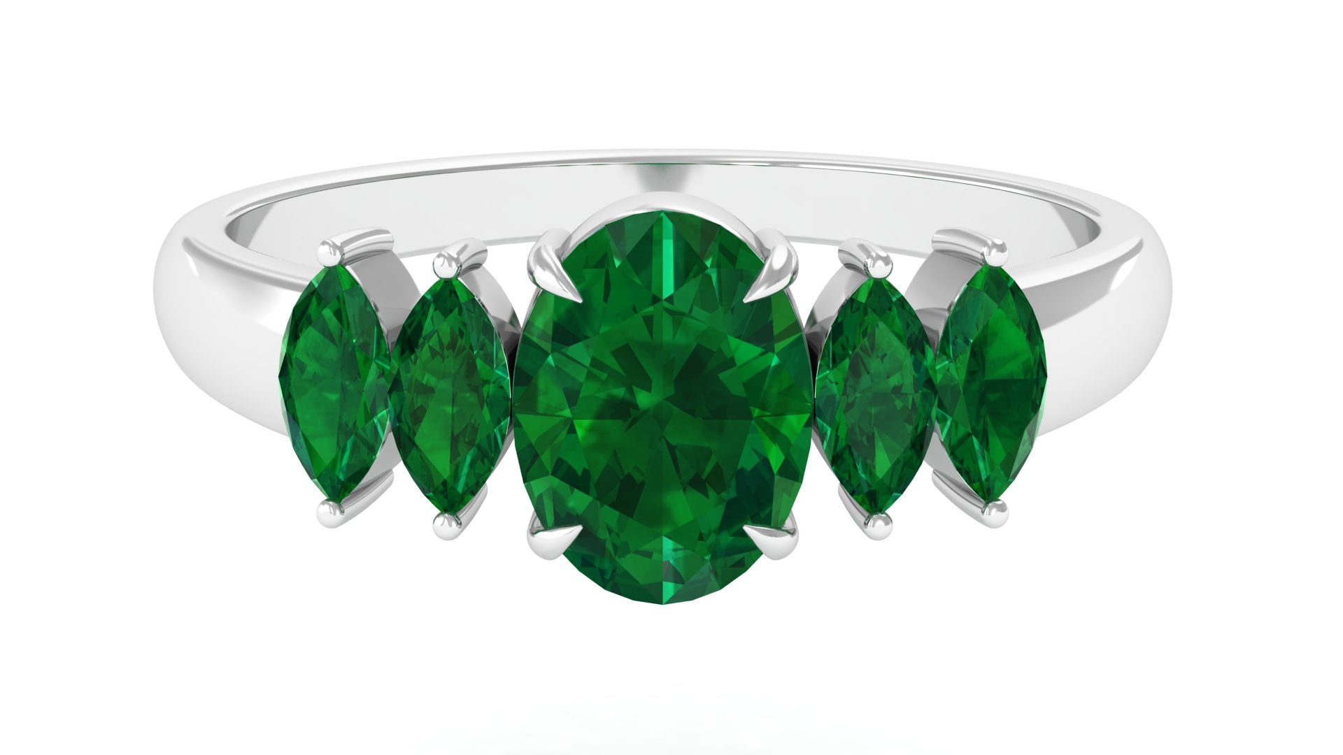 2 CT Oval and Marquise Cut Created Emerald Five Stone Ring Lab Created Emerald - ( AAAA ) - Quality - Rosec Jewels