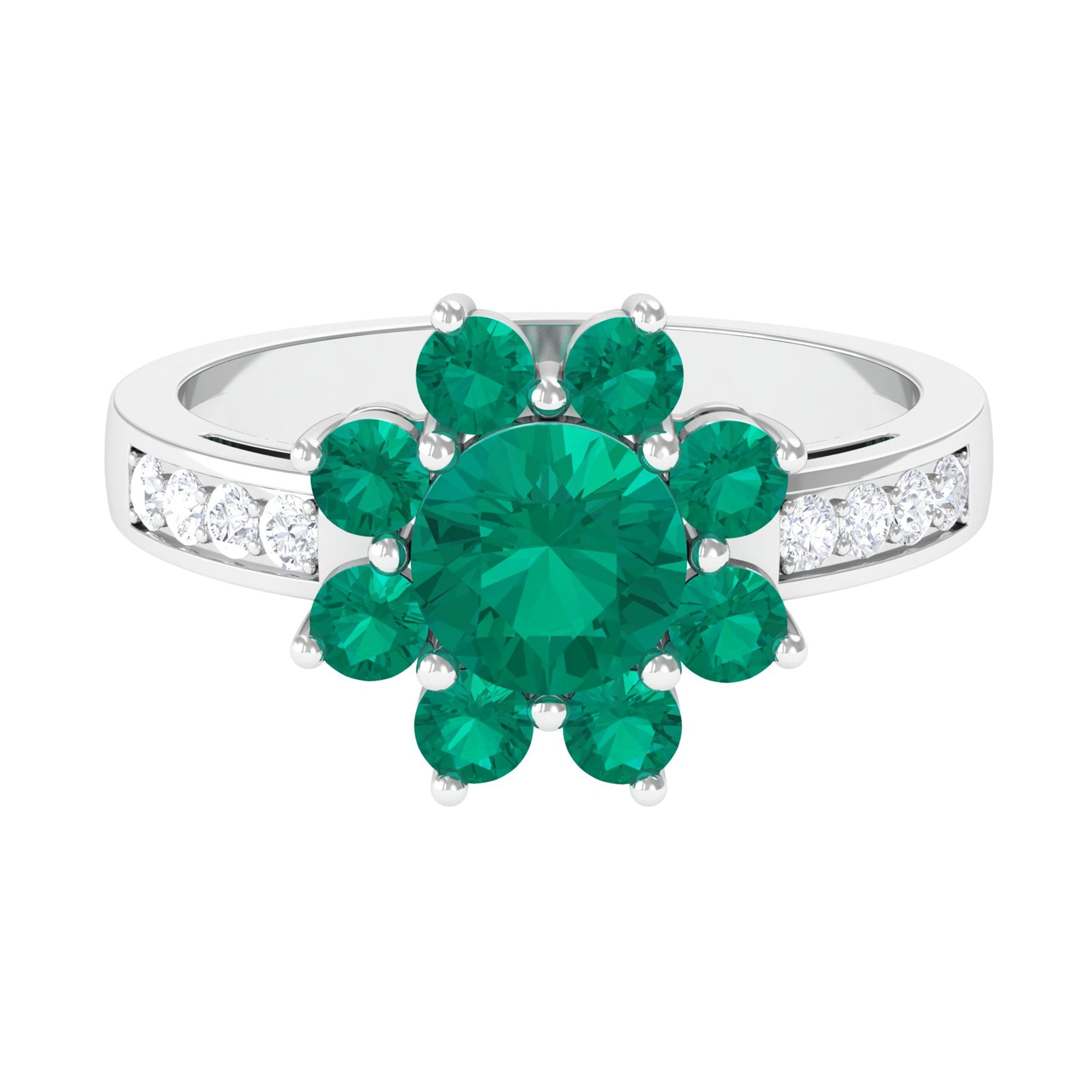 Round Cut Created Emerald Cluster Engagement Ring with Moissanite Lab Created Emerald - ( AAAA ) - Quality - Rosec Jewels