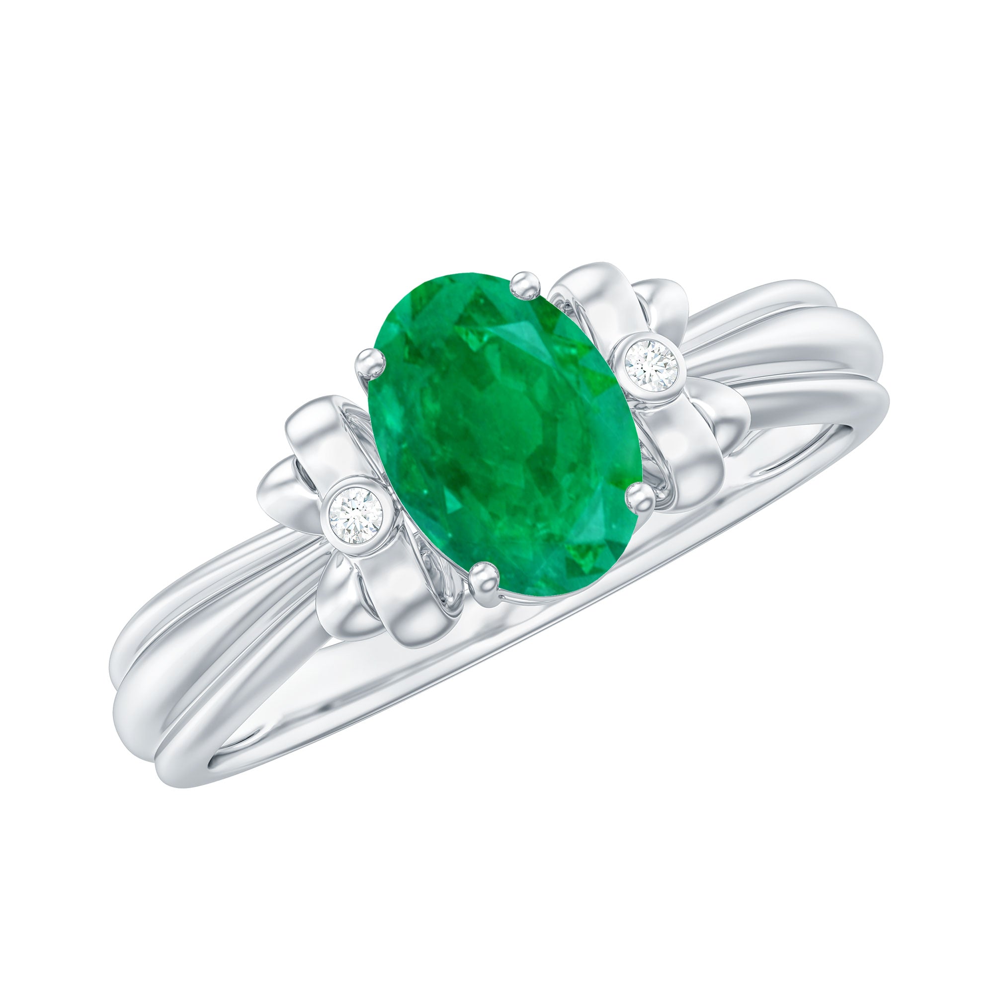 Rosec Jewels-Oval Cut Emerald Solitaire Engagement Ring with Bow Design