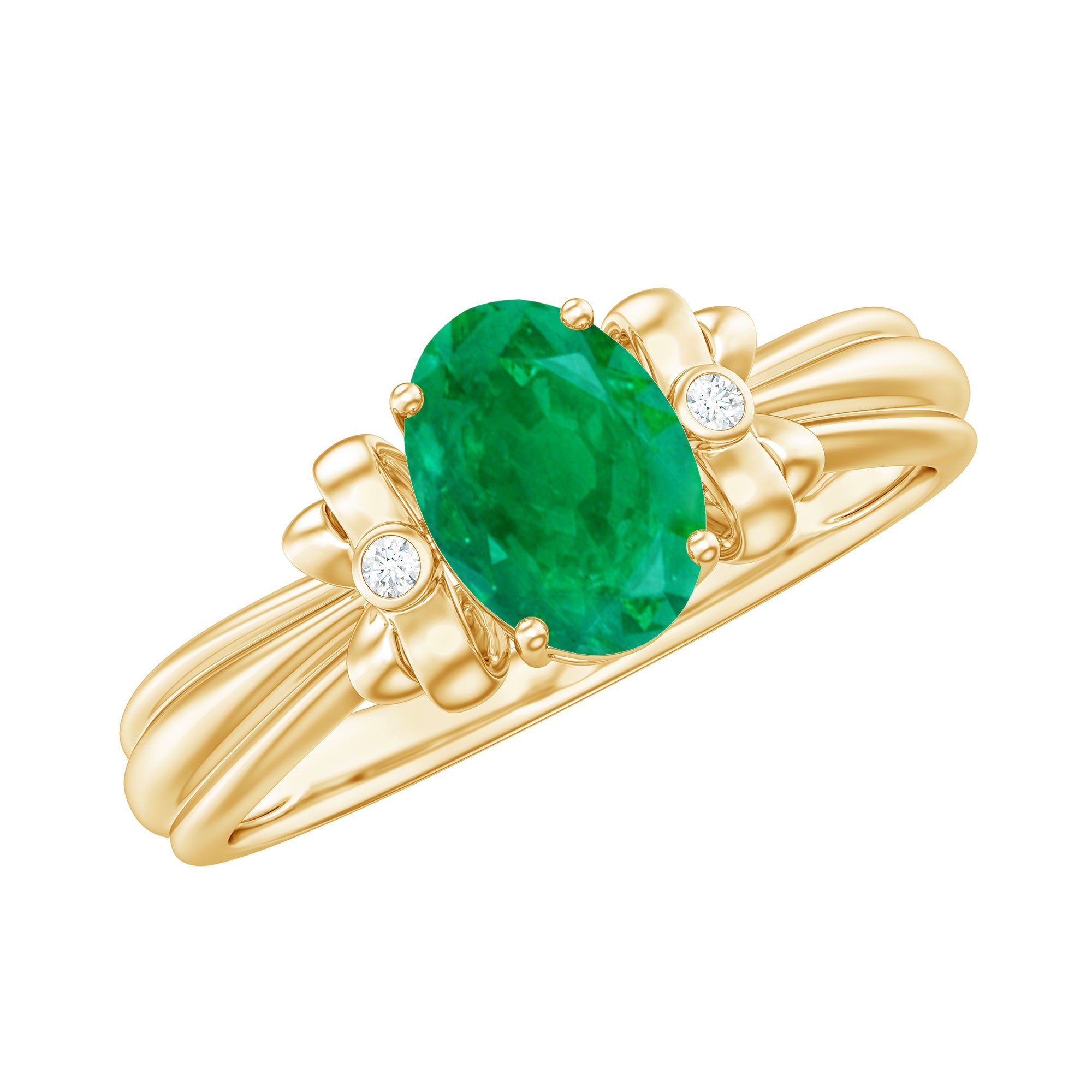Rosec Jewels-Oval Cut Emerald Solitaire Engagement Ring with Bow Design