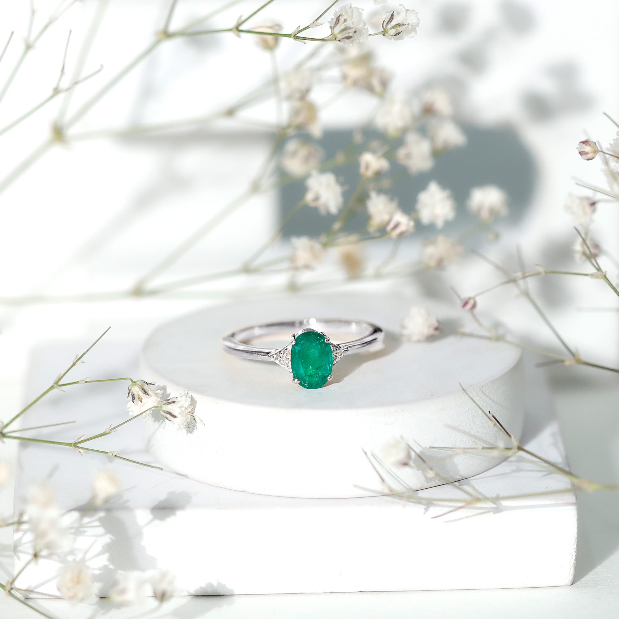 Rosec Jewels-Solitaire Oval Emerald Engagement Ring with Diamonds
