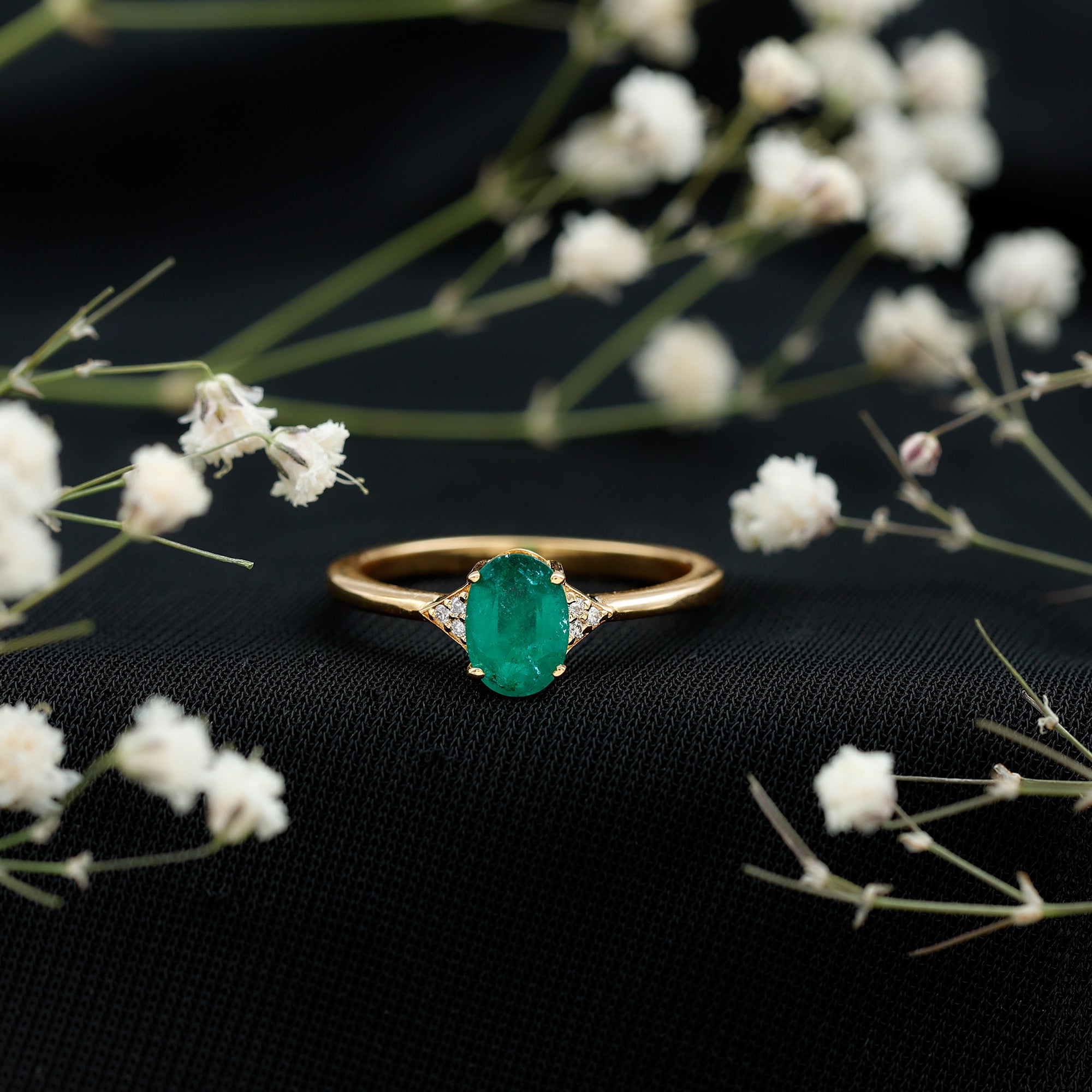 Rosec Jewels-Solitaire Oval Emerald Engagement Ring with Diamonds