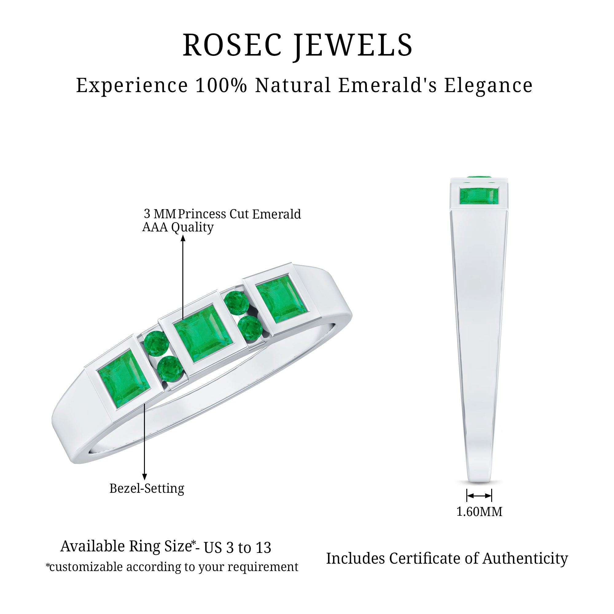 Natural Emerald Princess Cut Band Ring AAA - Rosec Jewels