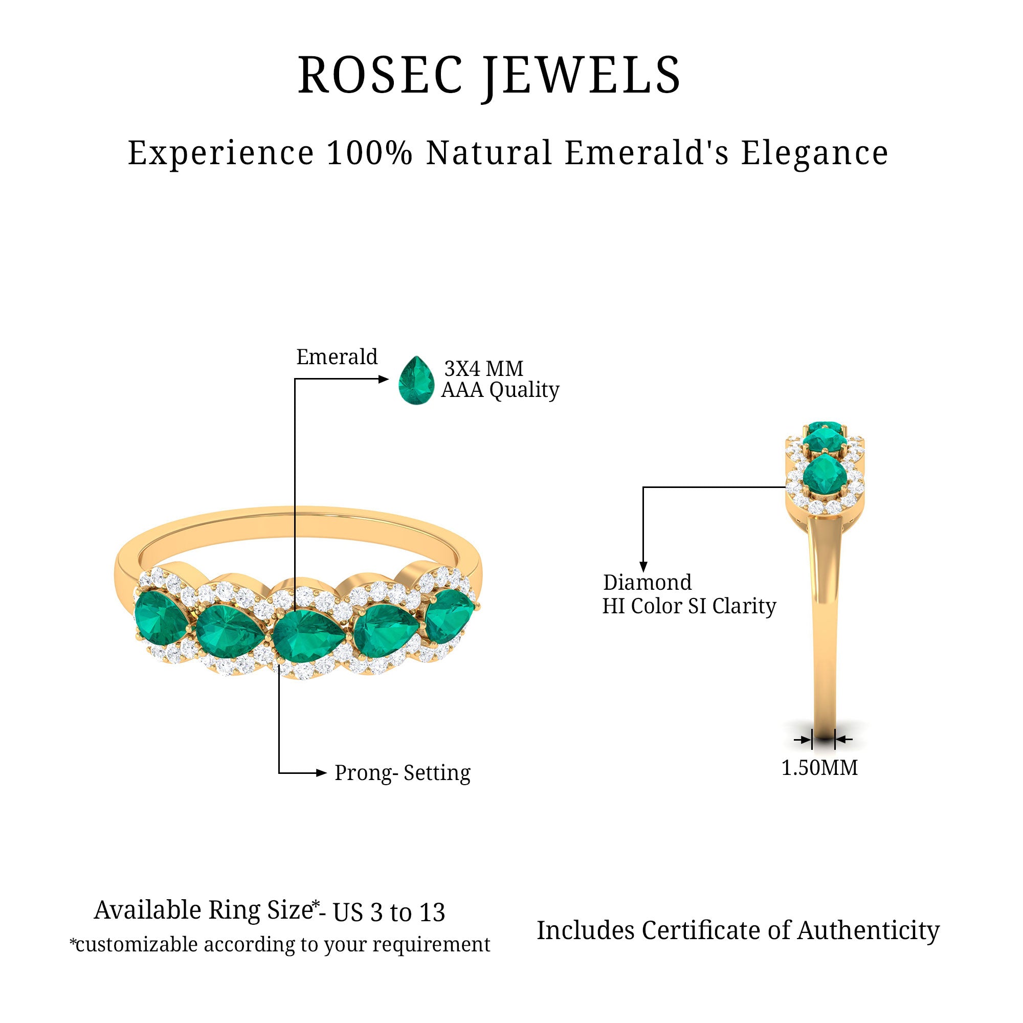 May Birthstone 1 CT Pear shape Emerald Anniversary Ring with Diamond Accent Emerald - ( AAA ) - Quality - Rosec Jewels
