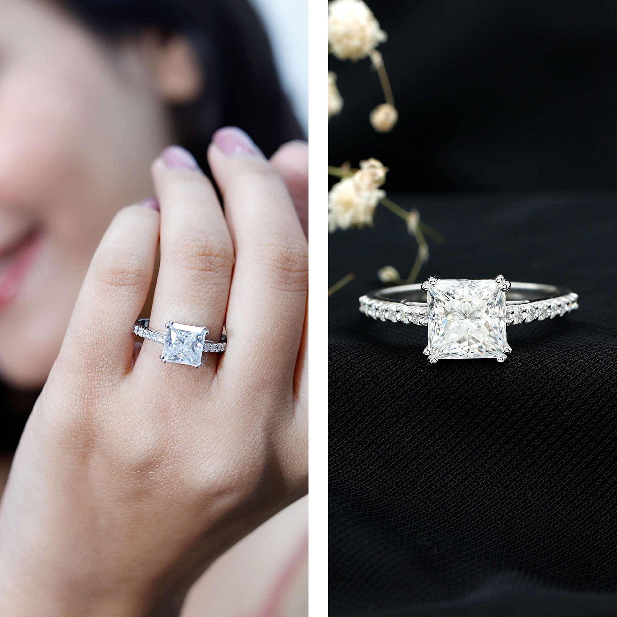 3 Carat Moissanite Princess Cut Engagement Ring With Double Prongs D-VS1 - Rosec Jewels