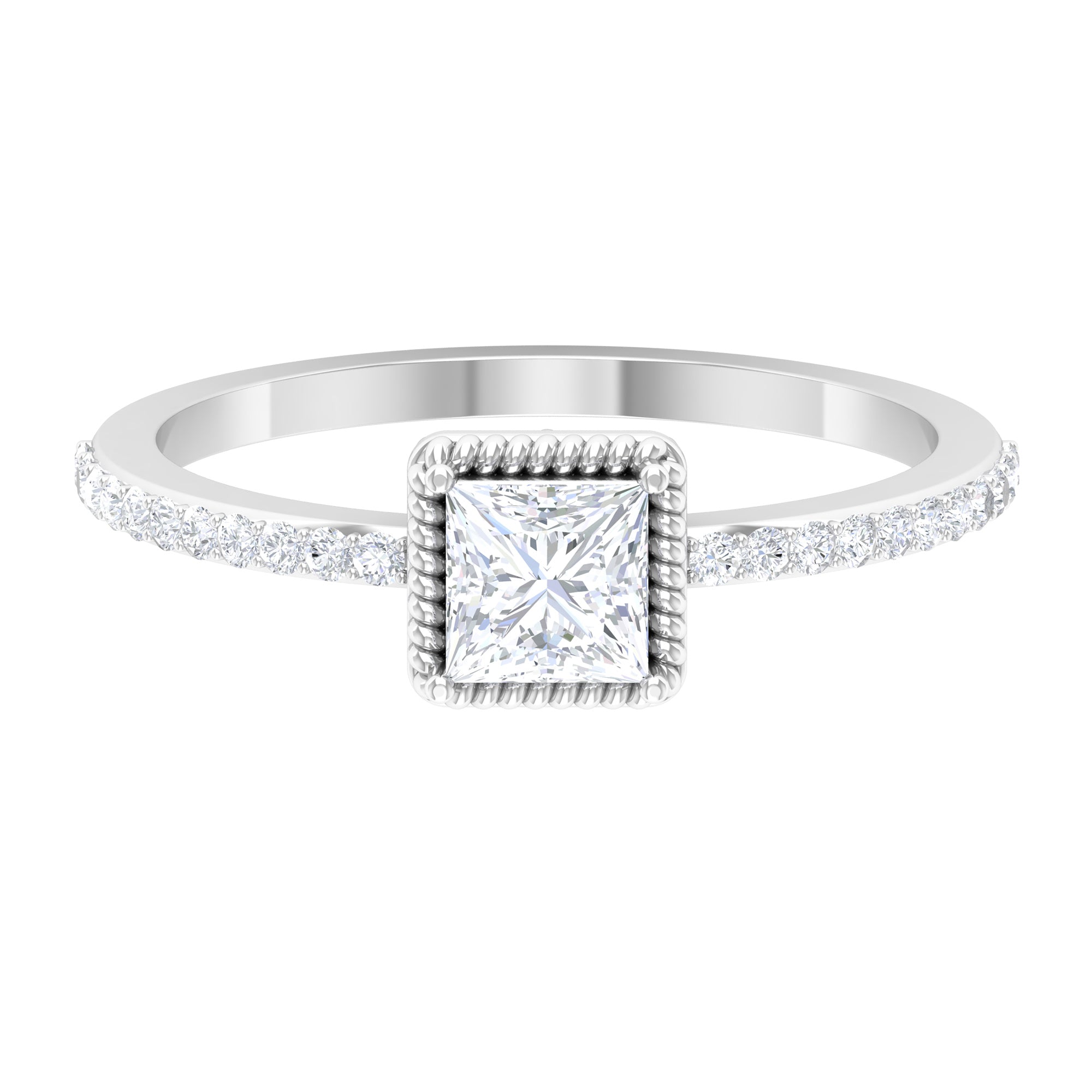 3/4 CT Princess Cut Zircon Solitaire Ring with Side Stones AAAA - Rosec Jewels