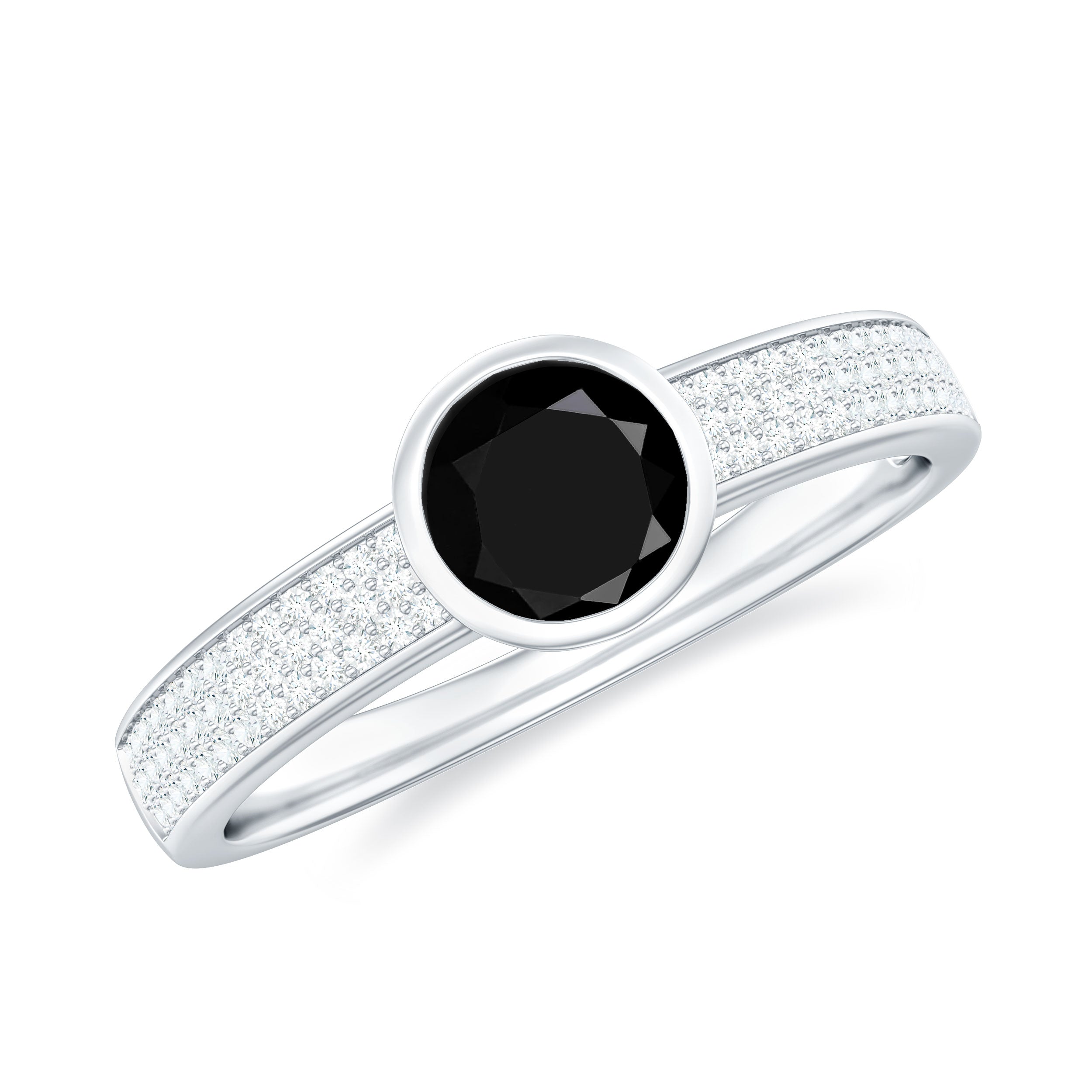 Natural Black Spinel Bezel Set Engagement Ring with Diamond Side Stones AAA - Rosec Jewels