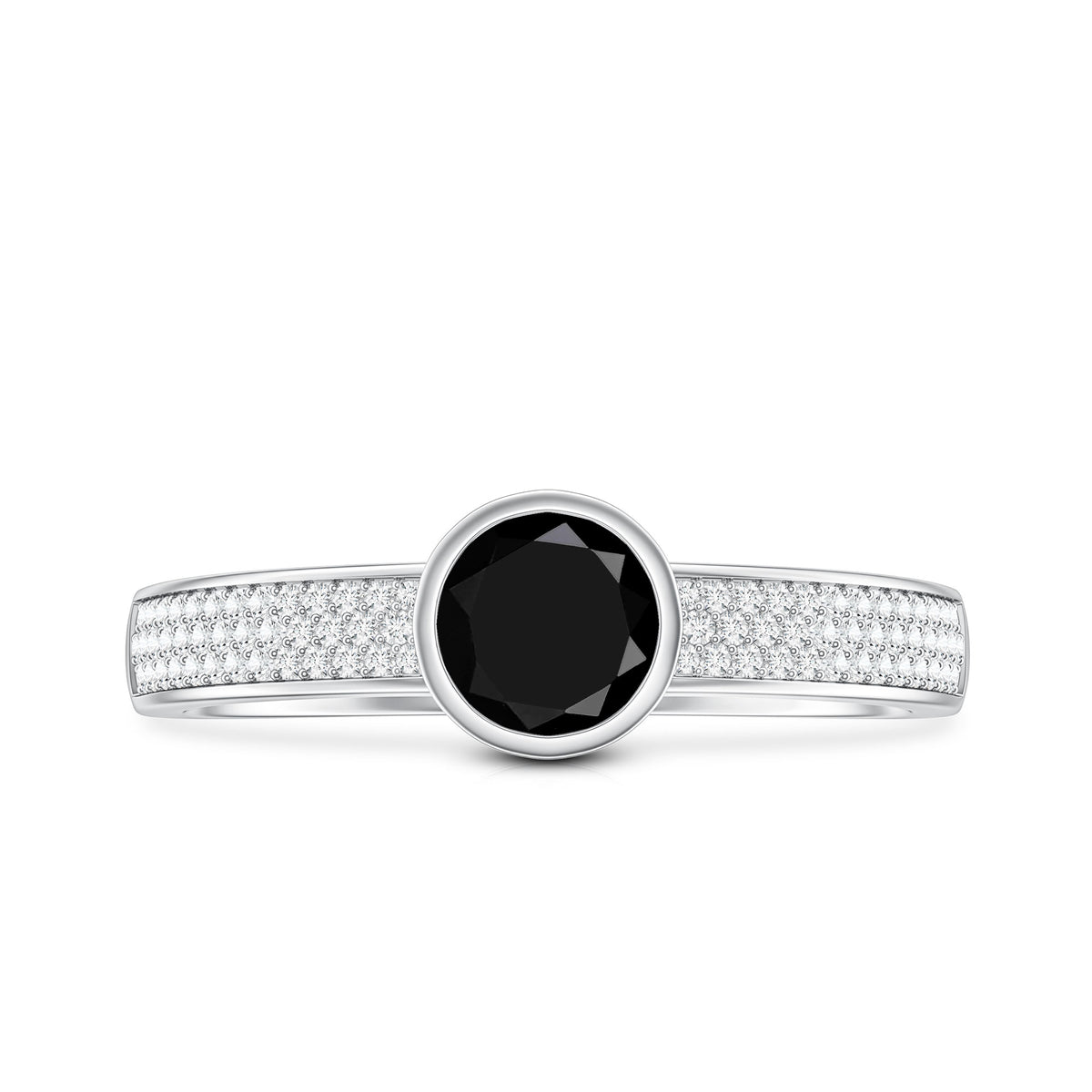 Natural Black Spinel Bezel Set Engagement Ring with Diamond Side Stones AAA - Rosec Jewels