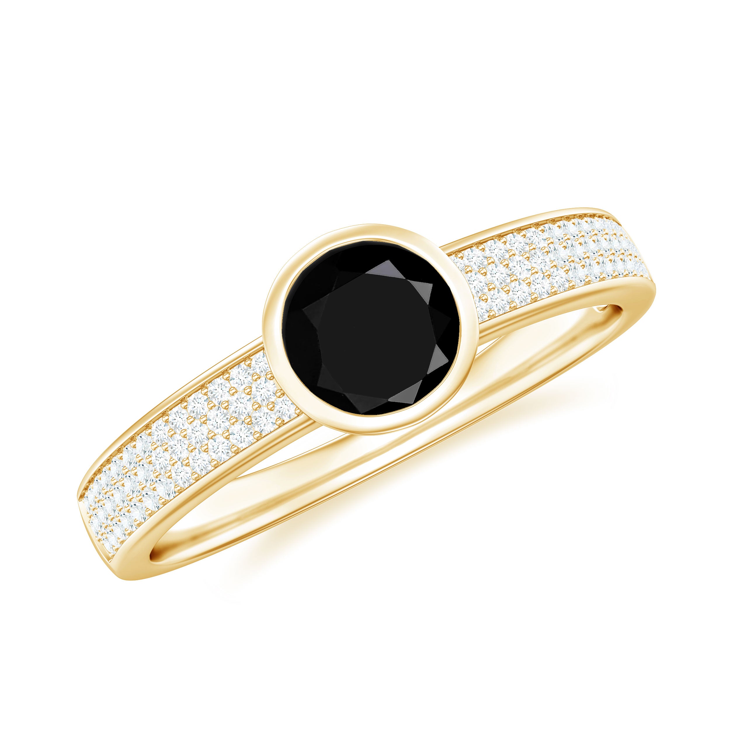 Natural Black Spinel Bezel Set Engagement Ring with Diamond Side Stones AAA - Rosec Jewels
