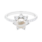 Freshwater Pearl Solitaire Floral Engagement Ring with Diamond AAA - Rosec Jewels