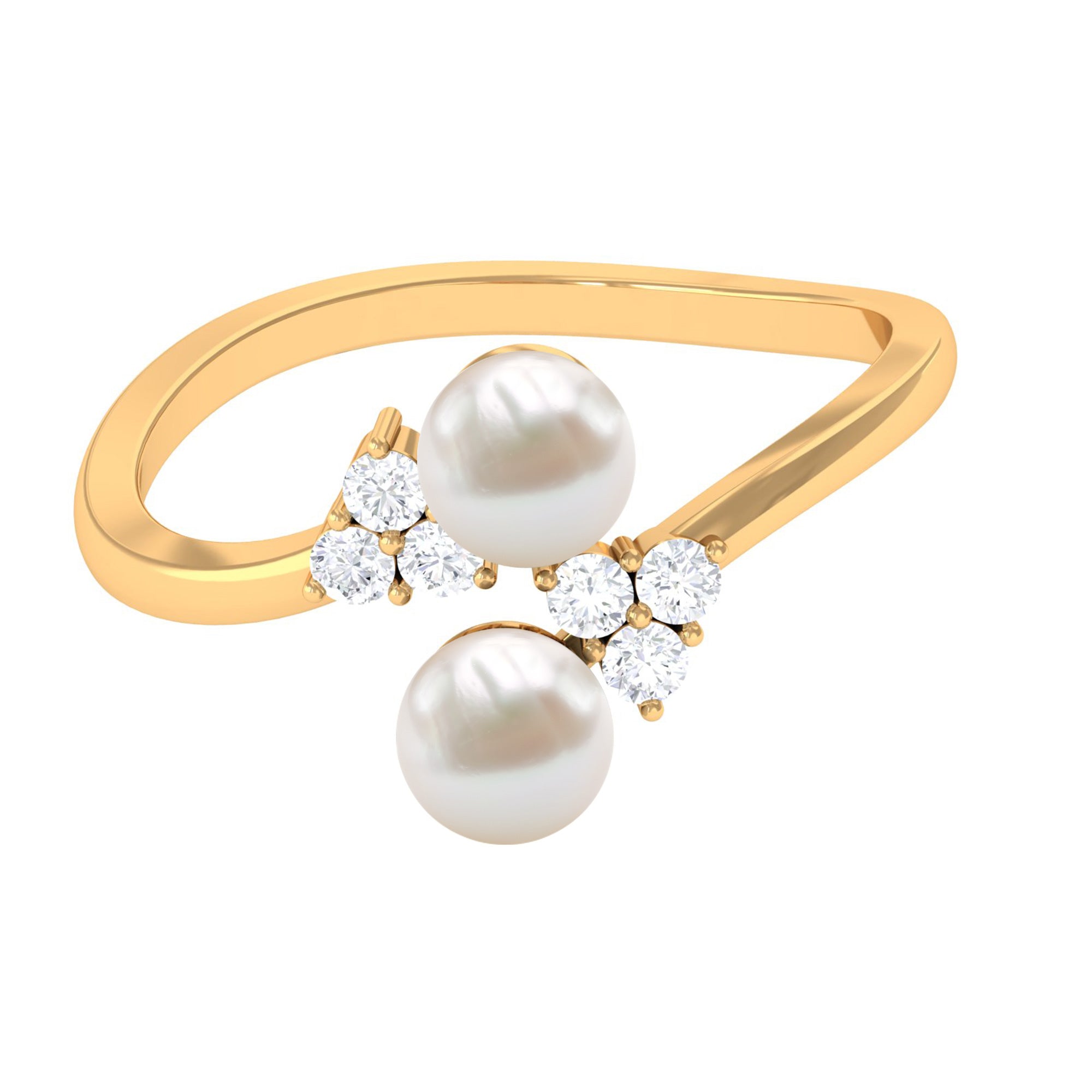 Rosec Jewels-Real Freshwater Pearl 2 Stone Engagement Ring with Diamond