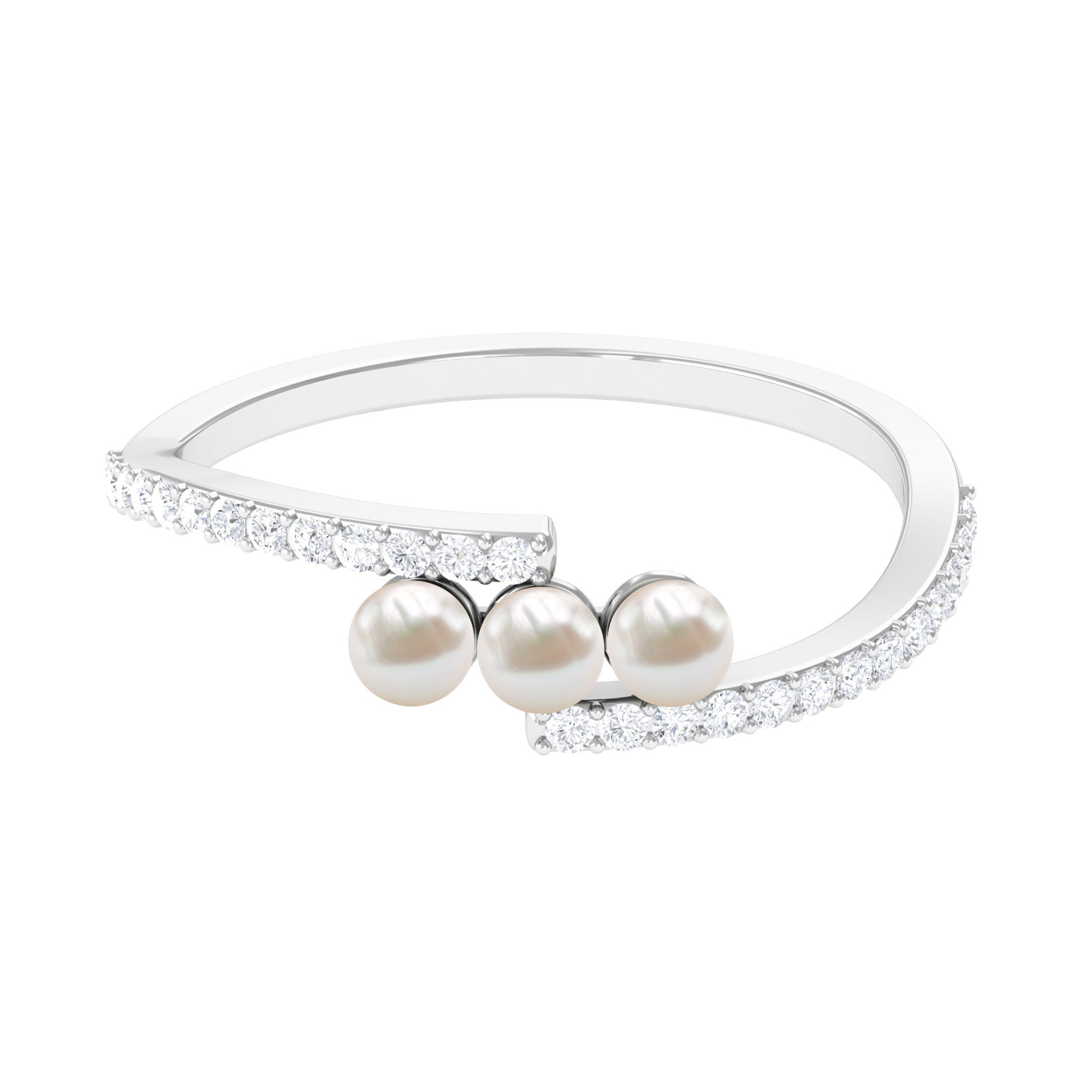 Rosec Jewels-Natural Freshwater Pearl 3 Stone Engagement Ring with Diamond