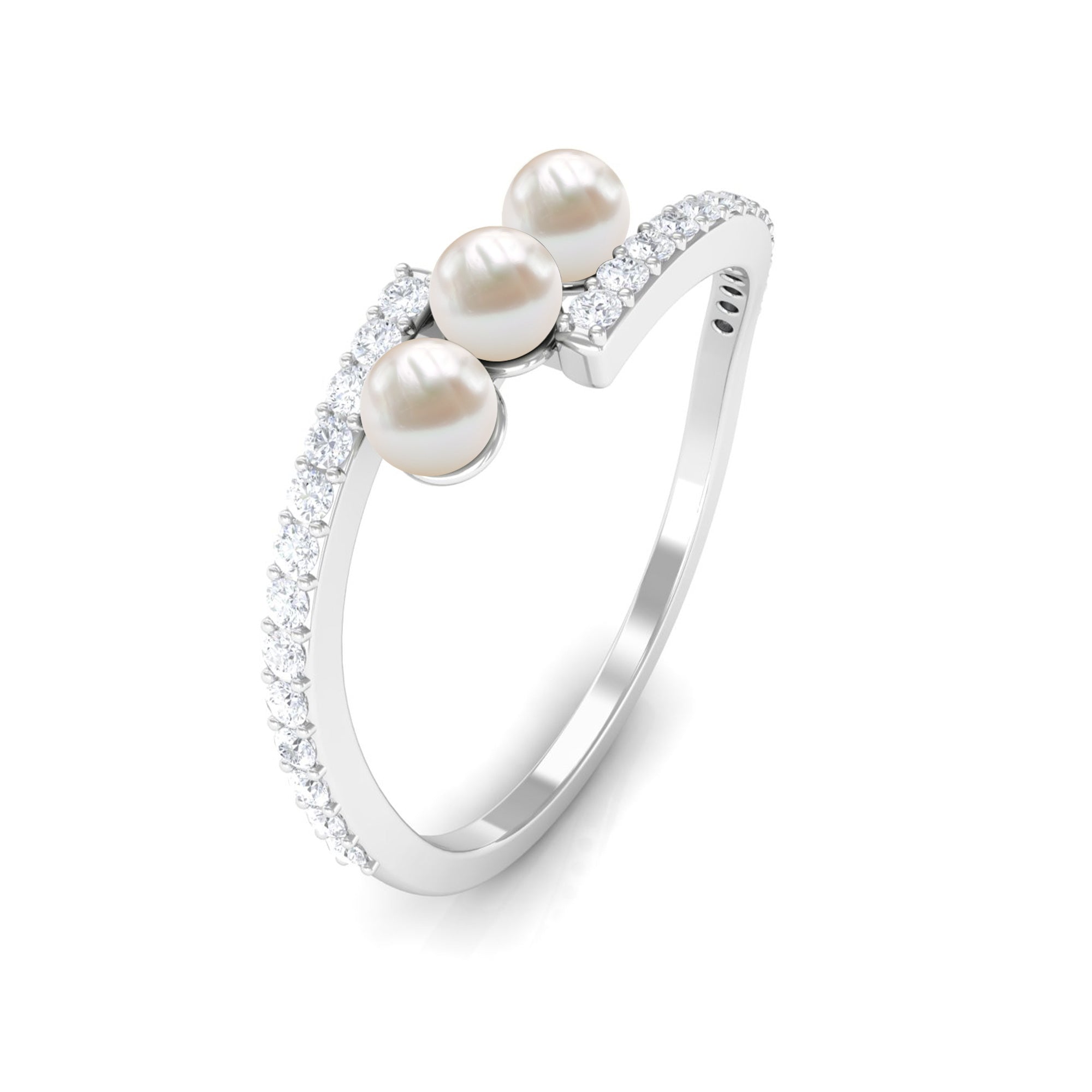 Rosec Jewels-Natural Freshwater Pearl 3 Stone Engagement Ring with Diamond