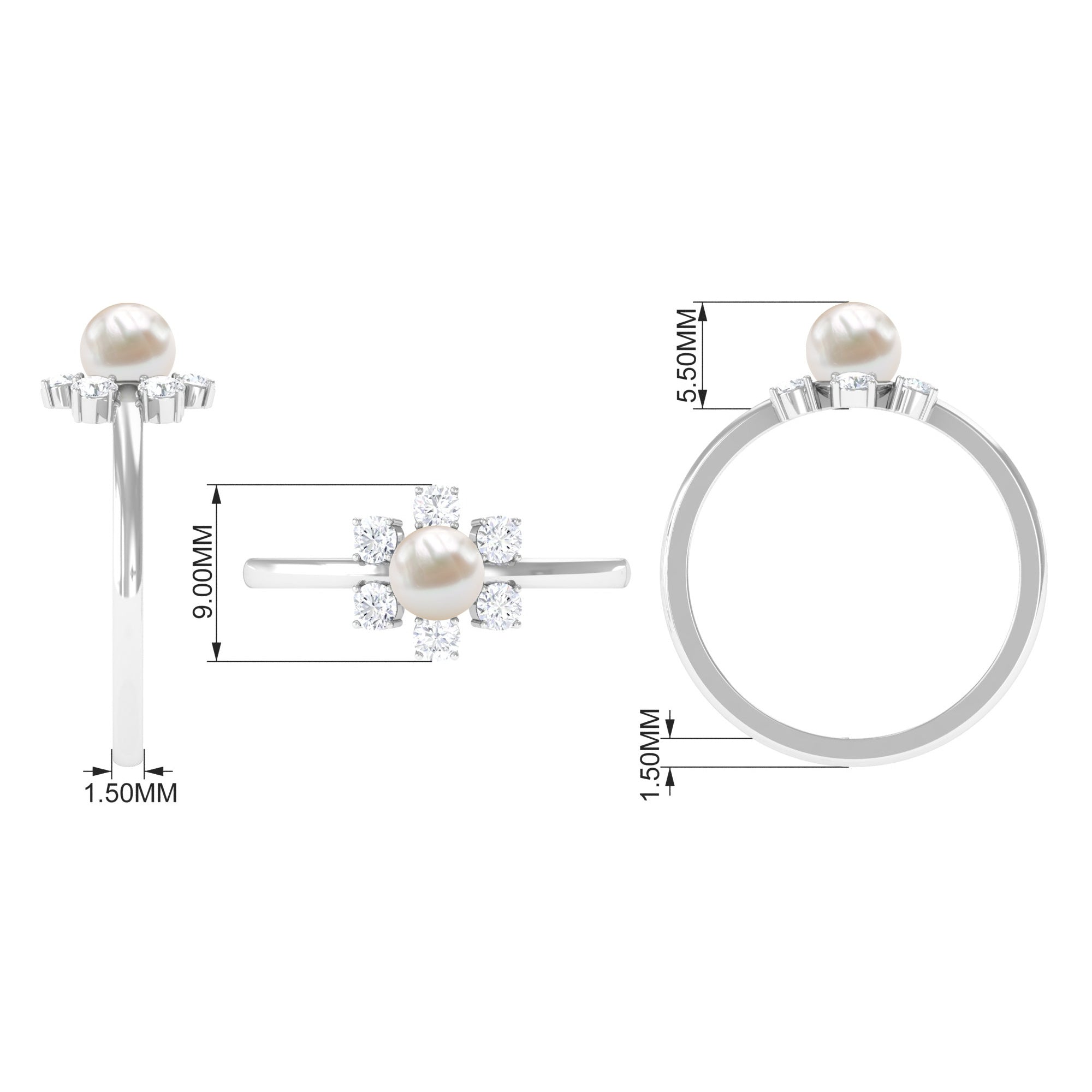 Cultured 2 Carat Freshwater Engagement Ring with Diamond AAA - Rosec Jewels