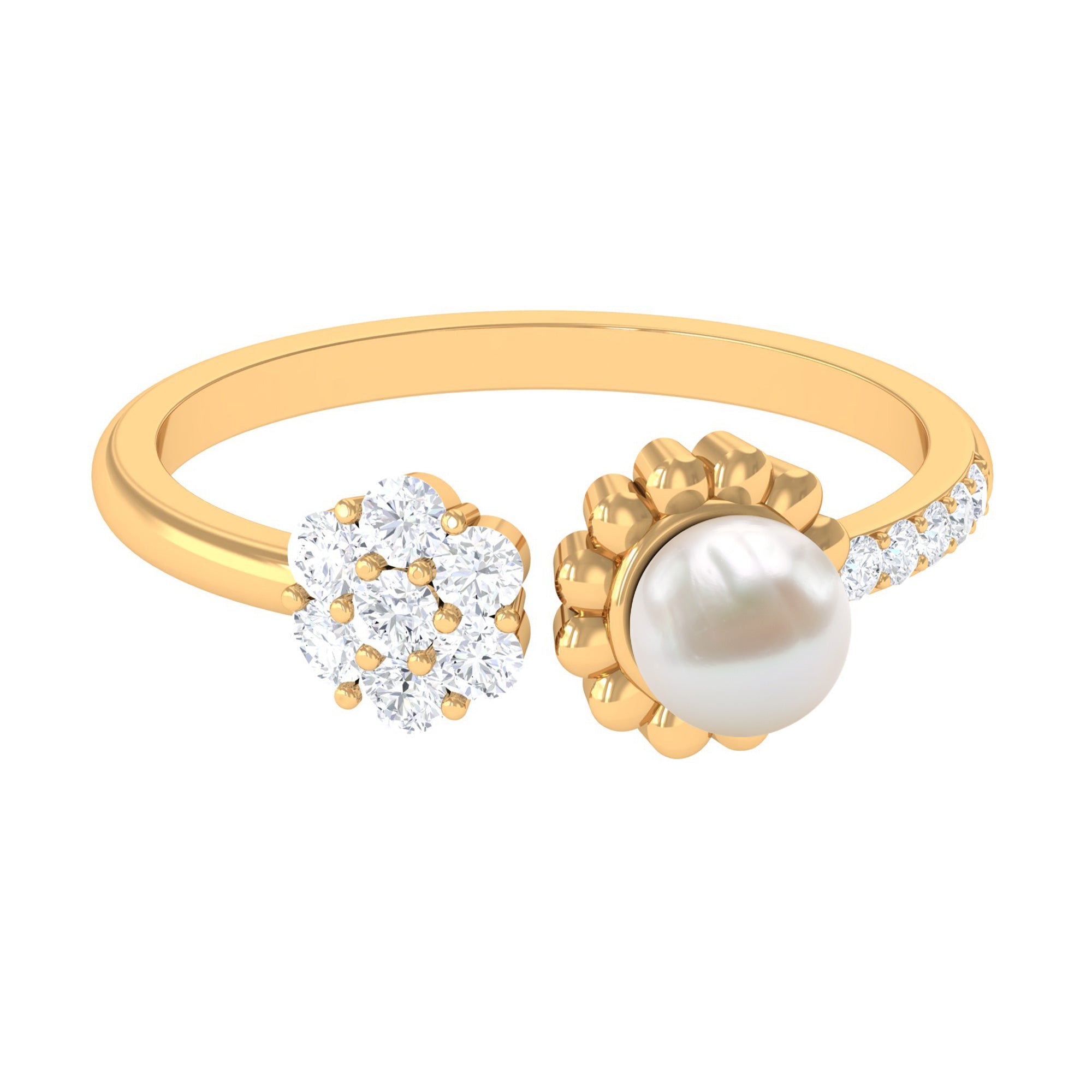 Rosec Jewels-Natural 2 Carat Freshwater Pearl Diamond Flower Cuff Ring
