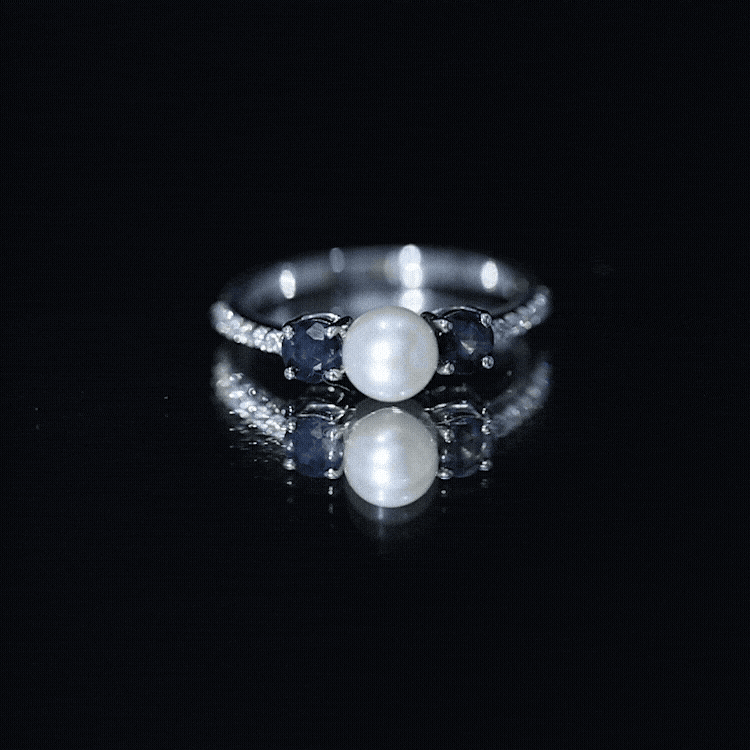Natural Freshwater Pearl and Blue Sapphire 3 Stone Engagement Ring with Diamond AAA - Rosec Jewels