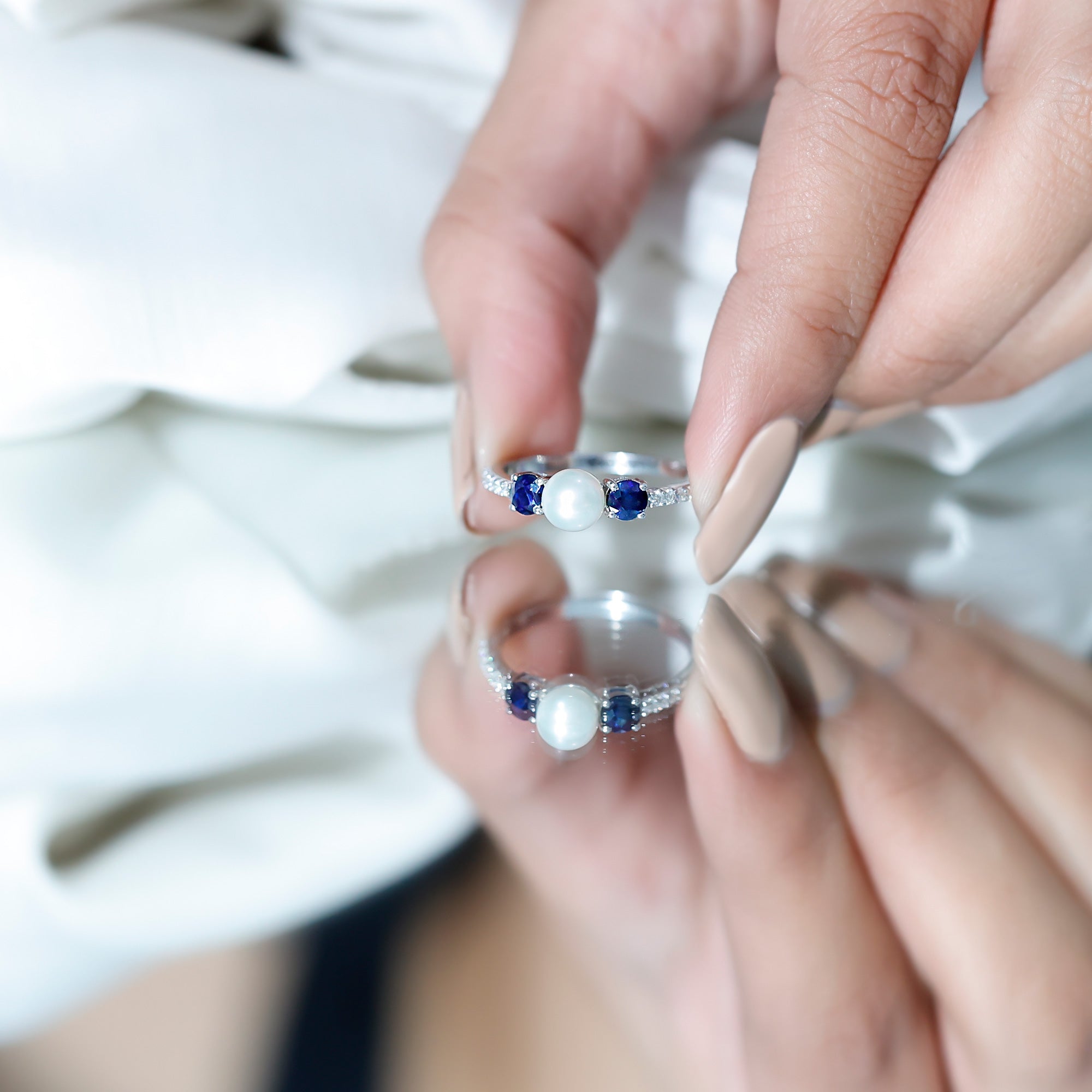 Rosec Jewels-Natural Freshwater Pearl and Blue Sapphire 3 Stone Engagement Ring with Diamond