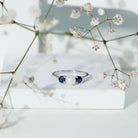 Rosec Jewels-Natural Freshwater Pearl and Blue Sapphire 3 Stone Engagement Ring with Diamond