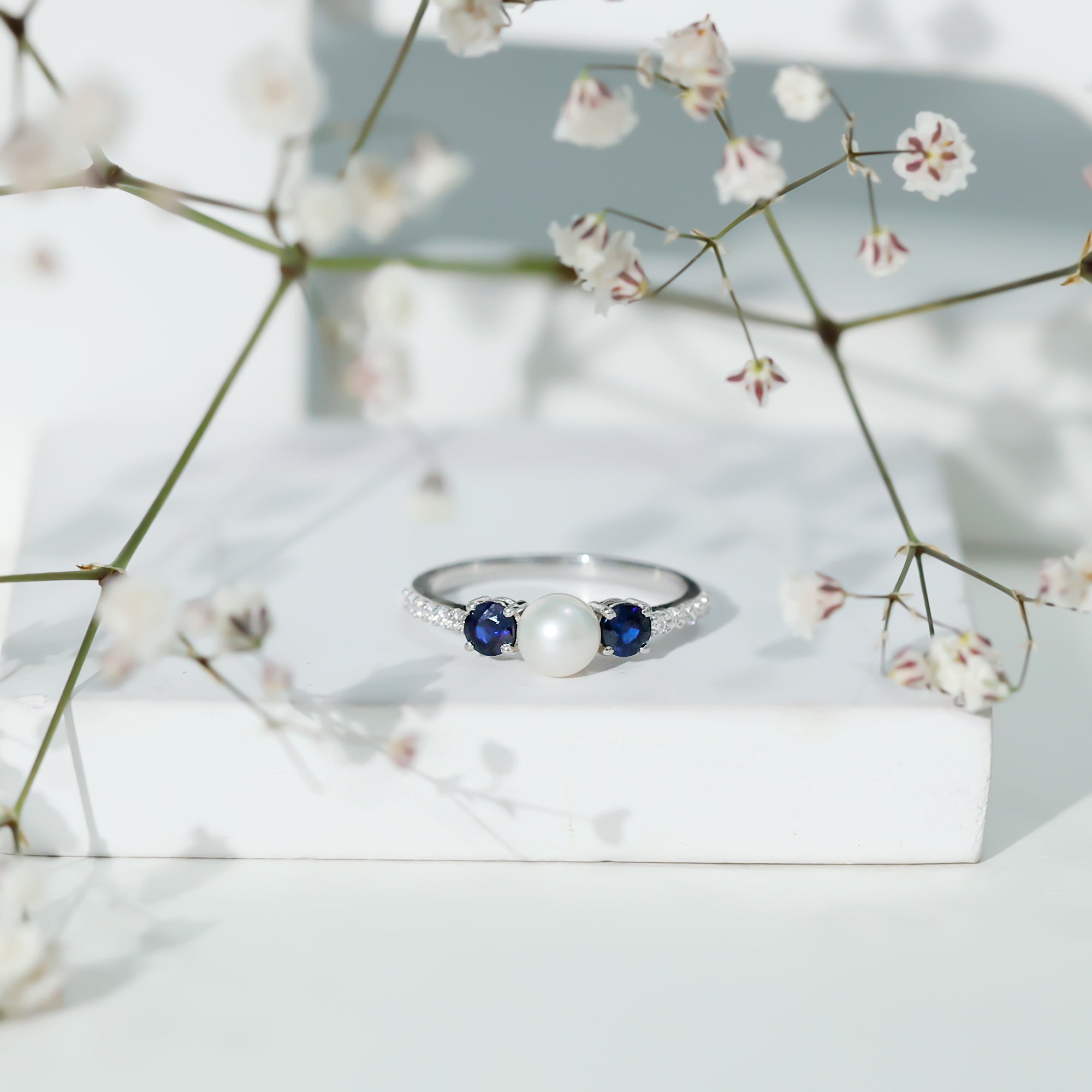 Rosec Jewels-Natural Freshwater Pearl and Blue Sapphire 3 Stone Engagement Ring with Diamond
